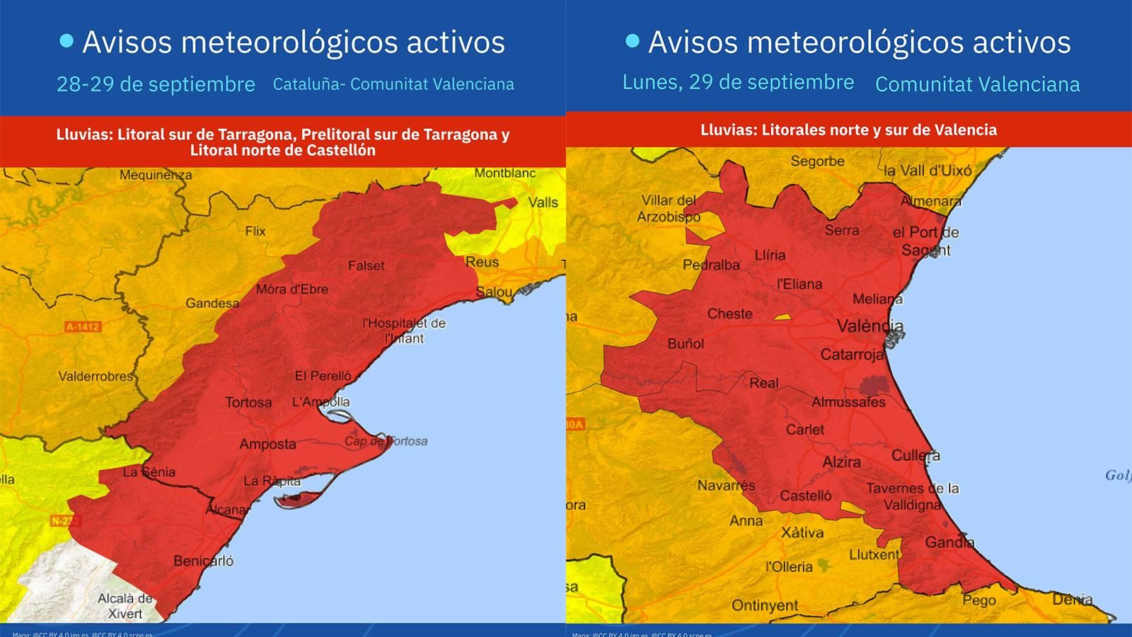 Avisos rojos actualizados por Aemet para Cataluña y Valencia.