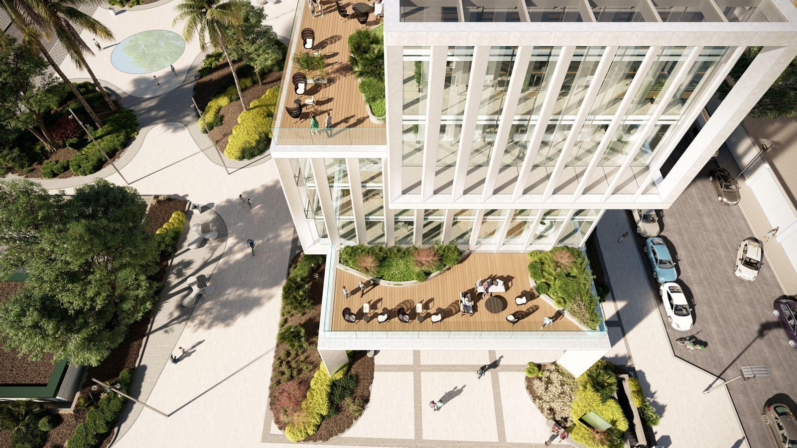 Infografía de los espacios de terraza de las oficinas.