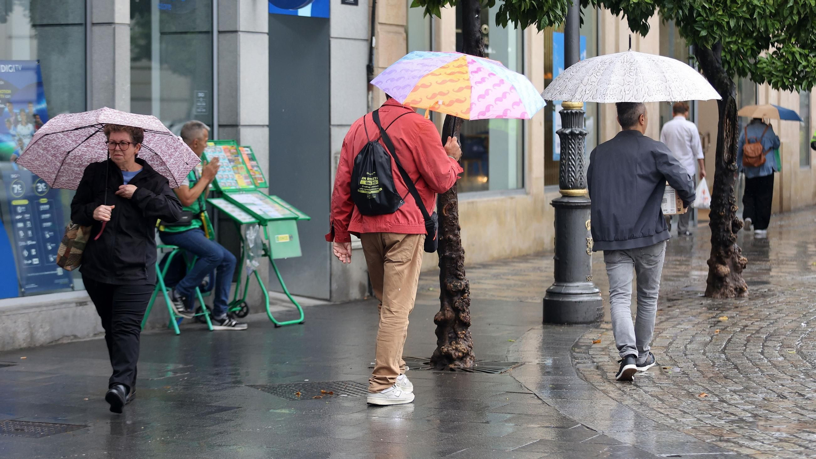 Varias personas caminando bajo la lluvias por el centro de Jerez