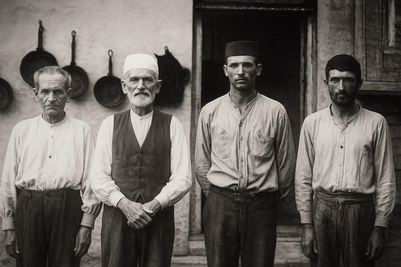 Gádor (Almería), agosto de 1910. Acusados del asesinato del niño Bernardo González, de izquierda a derecha: Pedro Hernández Fernández Pérez, Francisco Leona Romero, Julio Hernández Rodríguez y José Hernández Rodríguez.