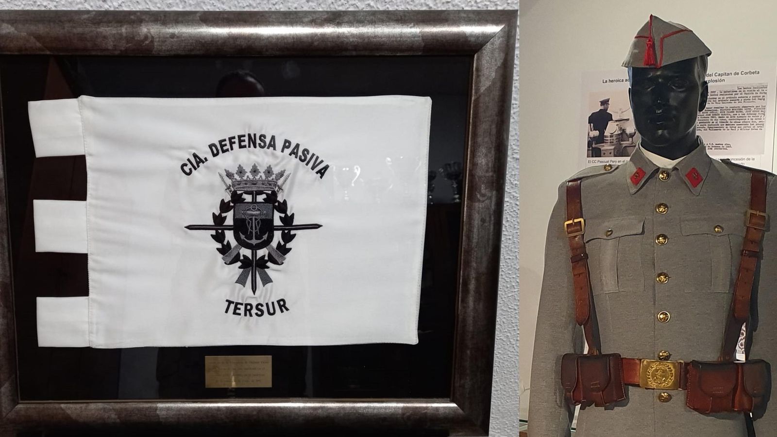 Banderín y uniforme de campaña gris de la Infantería de Marina recientemente donado por el Tercio del Sur al Museo de la explosión (ARMADA)