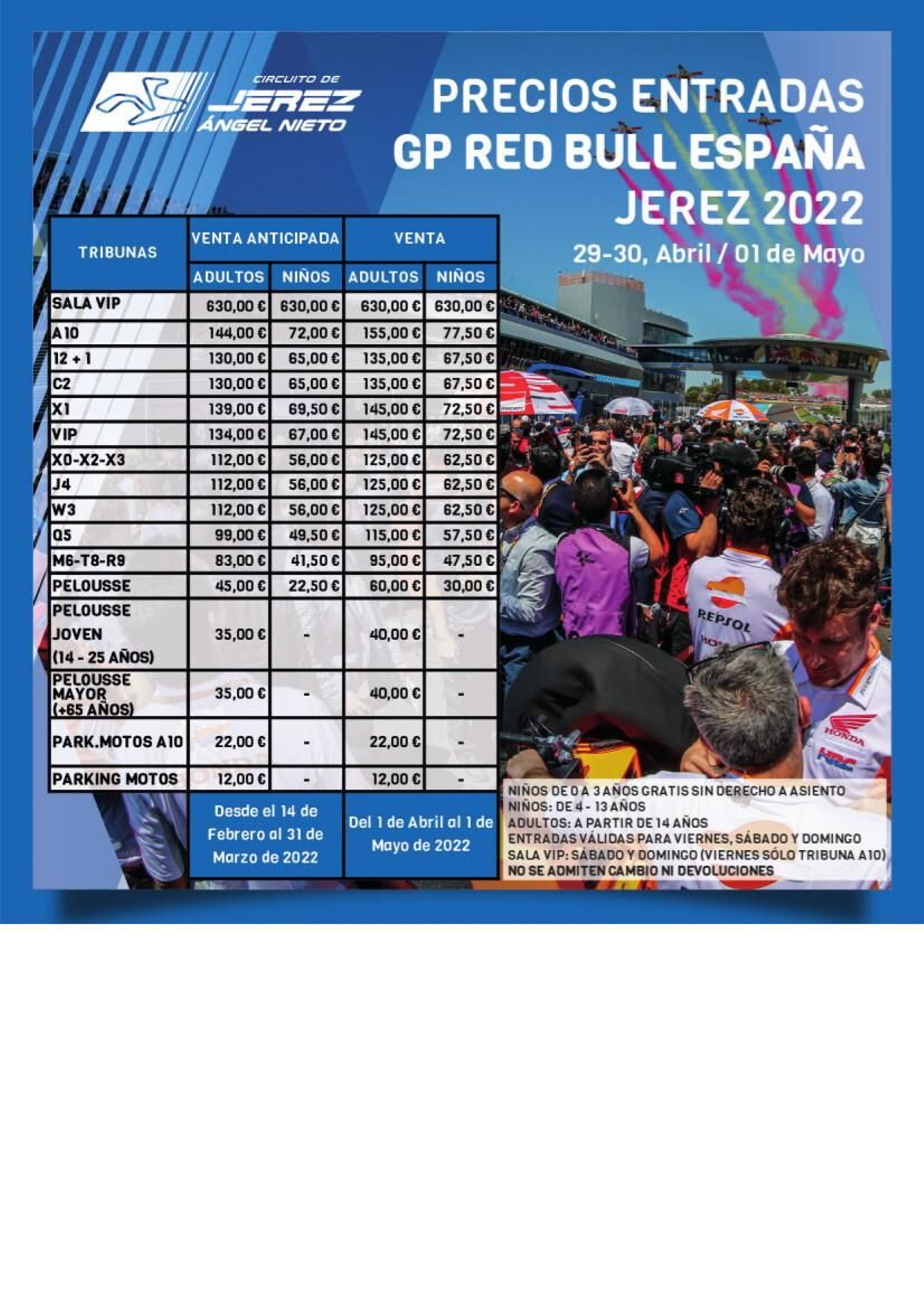 Tabla de precios de las entradas