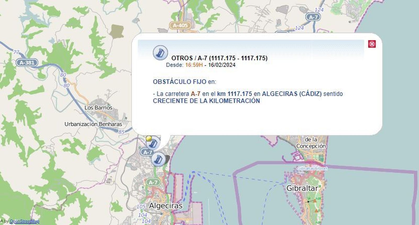 El aviso del accidente en la web de la DGT.