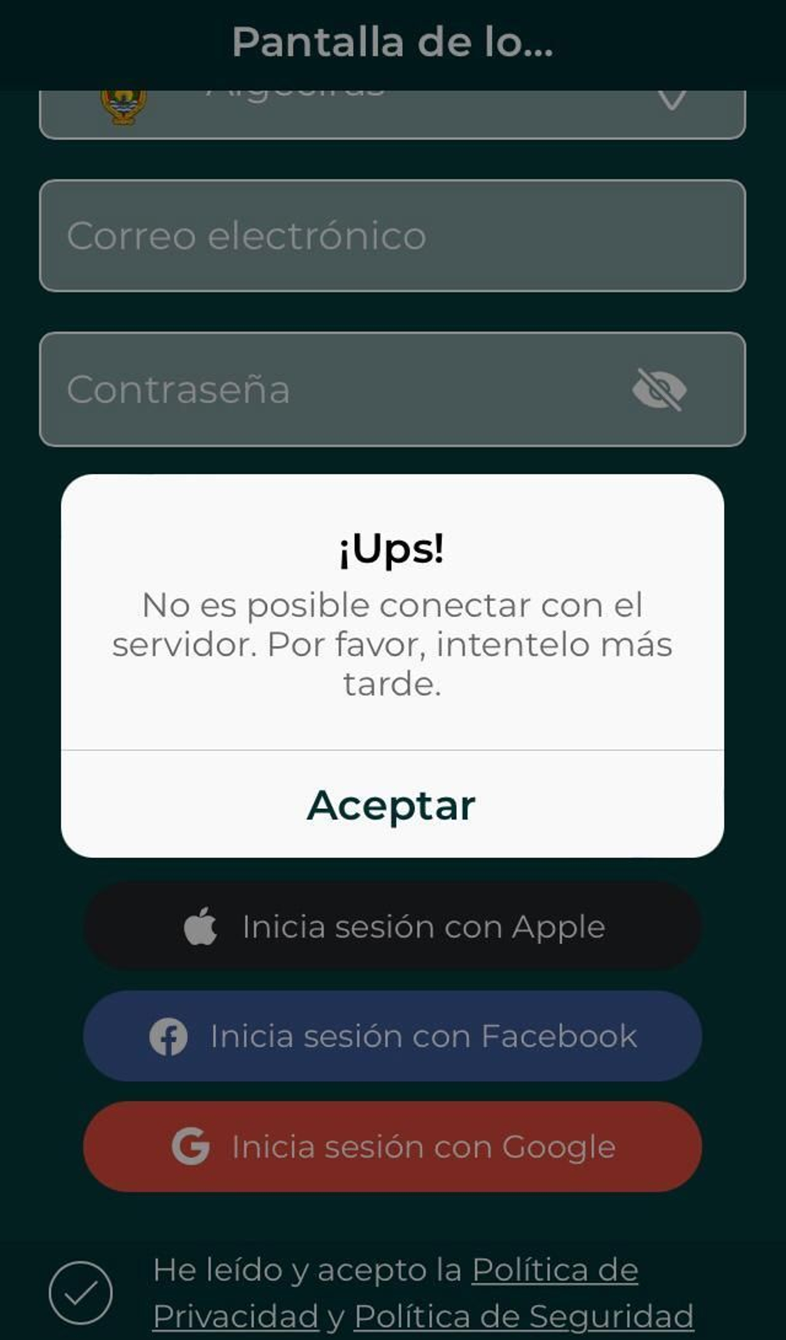 Mensaje de "¡Ups! No es posible conectar con el servidor. Por favor, inténtelo más tarde".