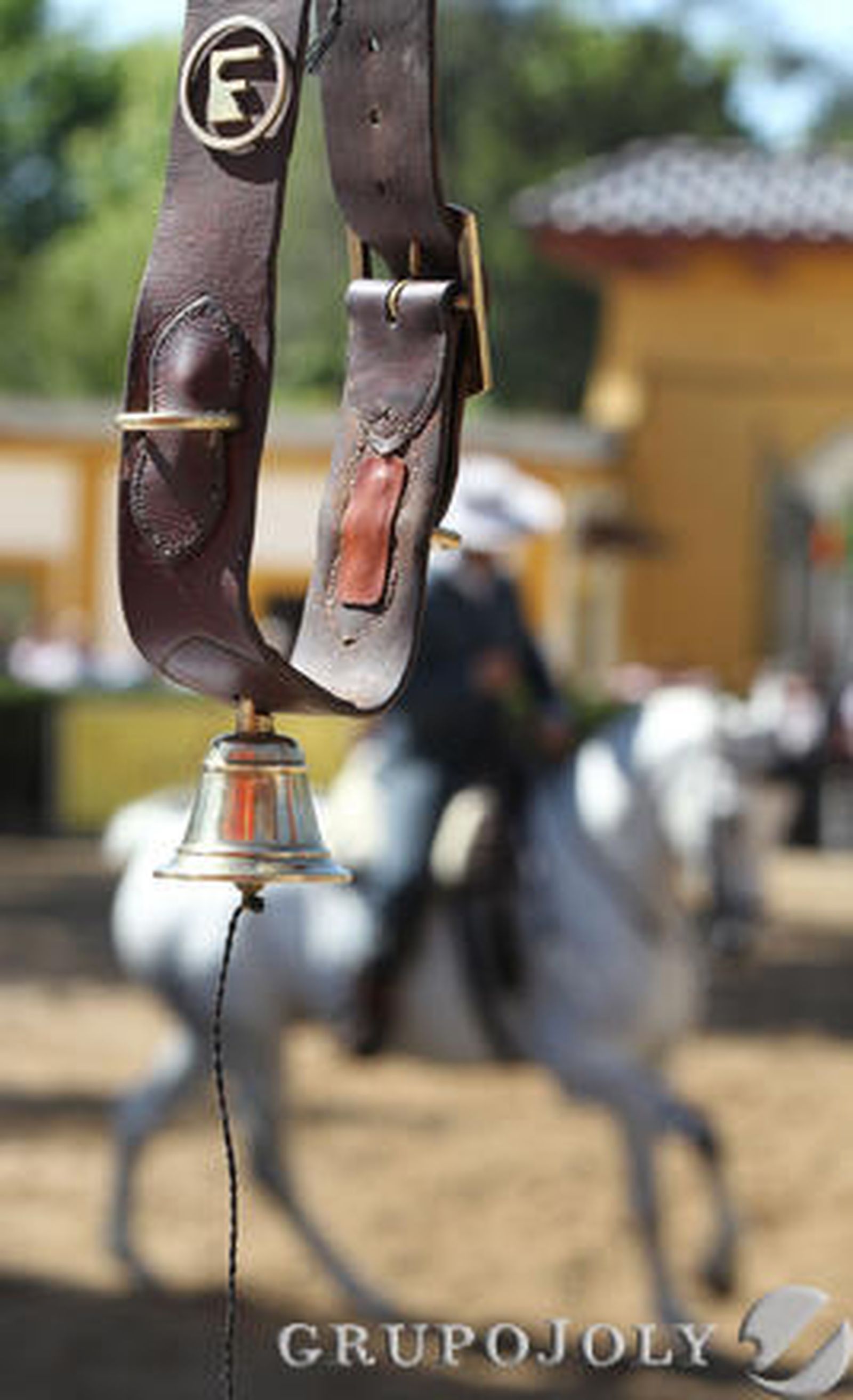 Detalle de un collar con campana para la yegua, ayer, con un jinete al fondo.

Foto: Miguel Angel Gonzalez