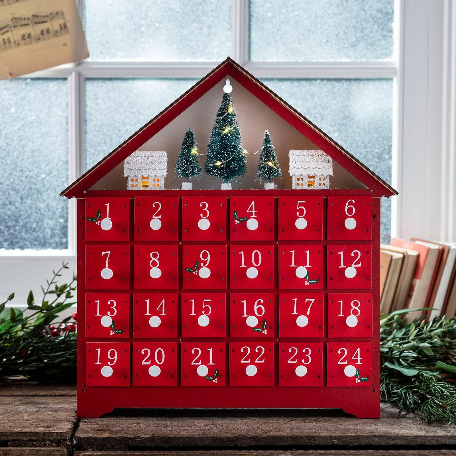 Calendario de Adviento de Madera Roja