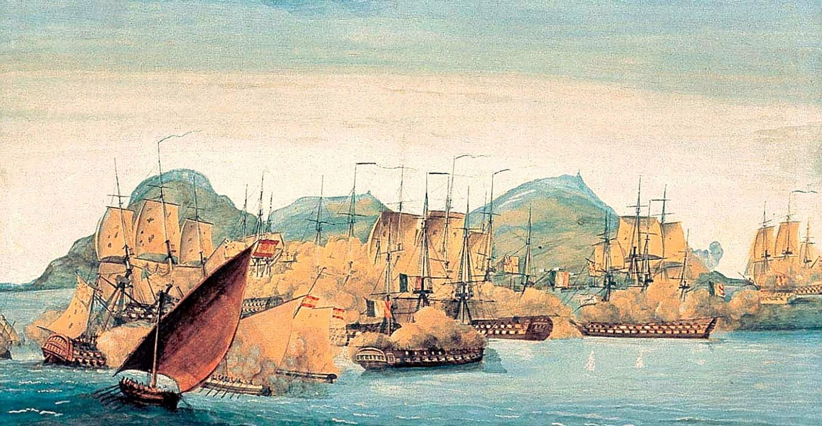 La muy reñida batalla naval de Algeciras, en un grabado de la época. En primer plano, algunas de las lanchas cañoneras españolas.