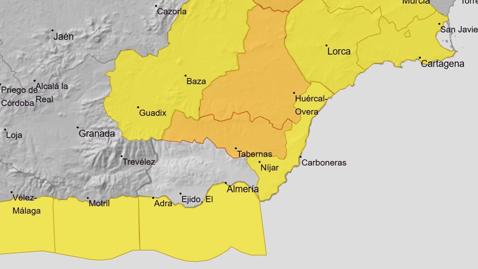 Mapa de alertas por lluvias y viento en Almería para el domingo 14 de diciembre.