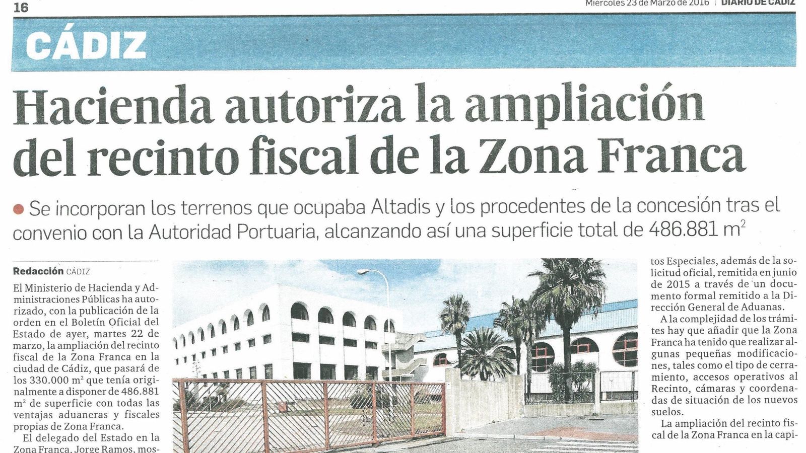 Noticia de Diario de Cádiz, 23 de marzo de 2016. Noticia de Diario de Cádiz, 23 de marzo de 2016.