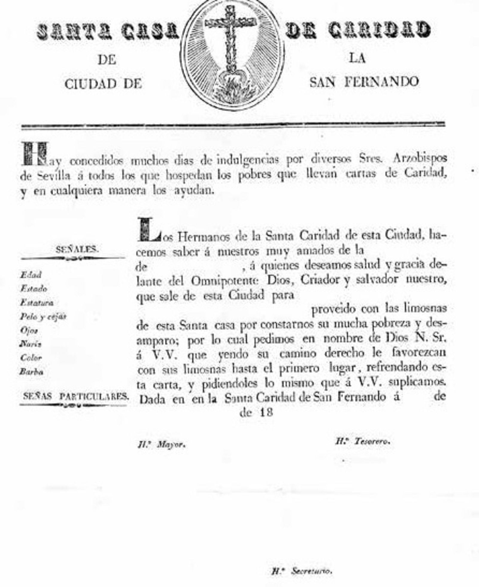 Carta de Caridad utilizada en el Hospital de San José de la Isla de León. Archivo Histórico Diocesano de Cádiz.