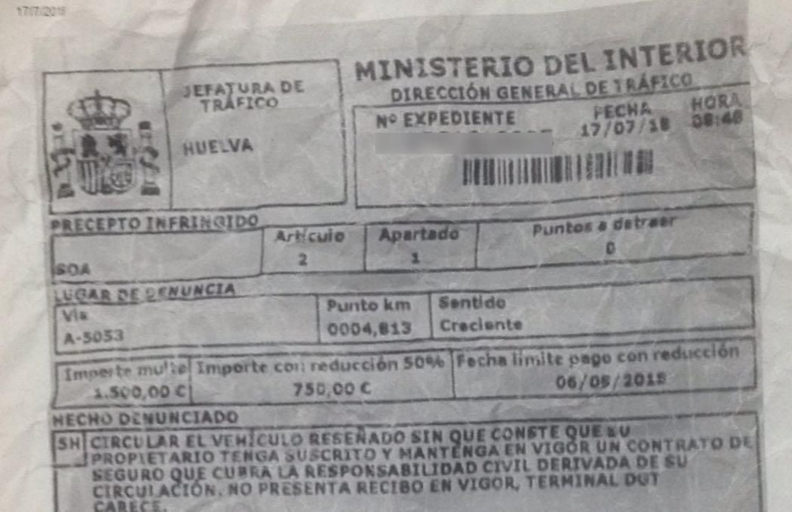 Resguardo de la sanción interpuesta por los agentes de la Benemérita.