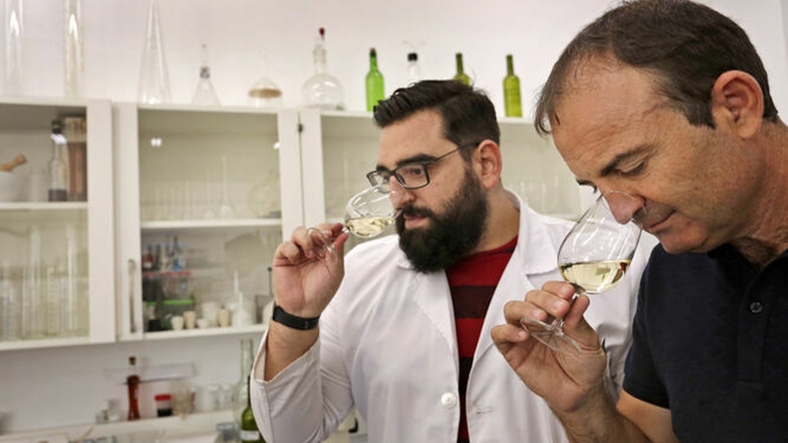 Los investigadores de la Universidad de Cádiz Antonio Amores y Víctor Palacios, en su laboratorio.
