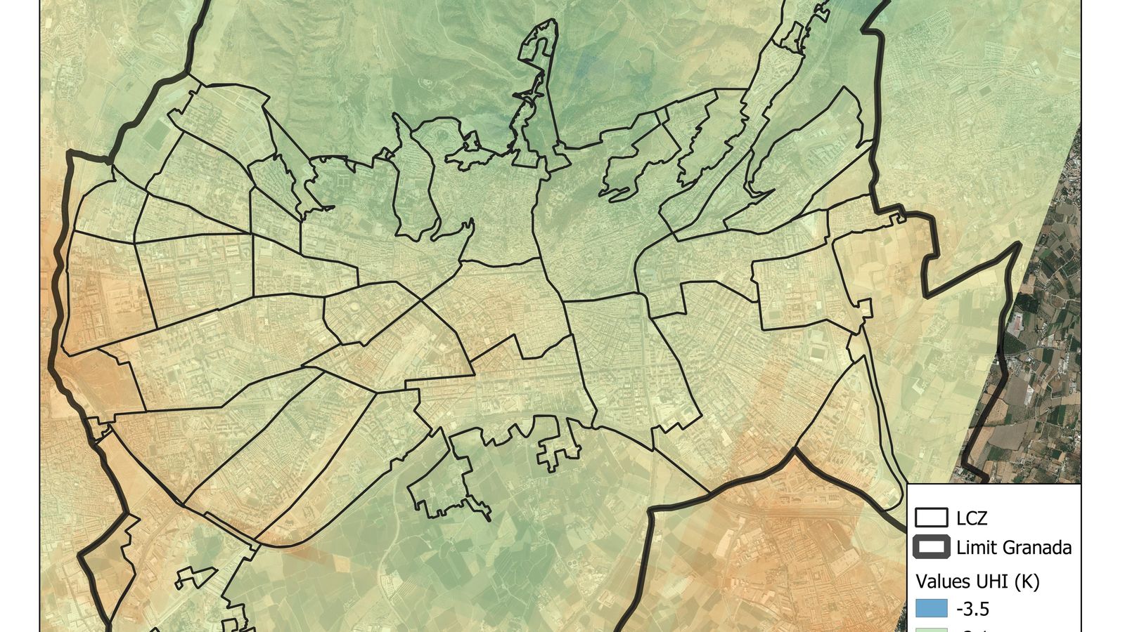 Isla de calor diurna en la ciudad de Granada.