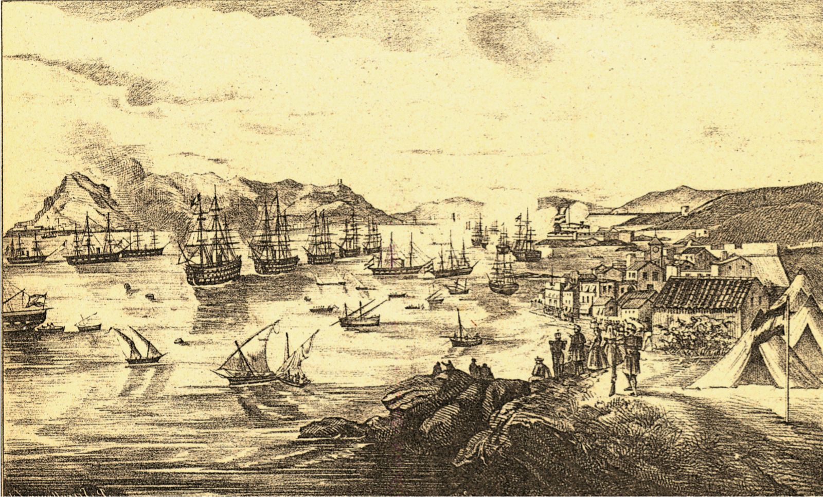 Litografía de la ciudad y el puerto de Algeciras realizada en 1859. Representa el embarque de tropas para la Guerra de Marruecos. (Litografía Hispana, Madrid).
