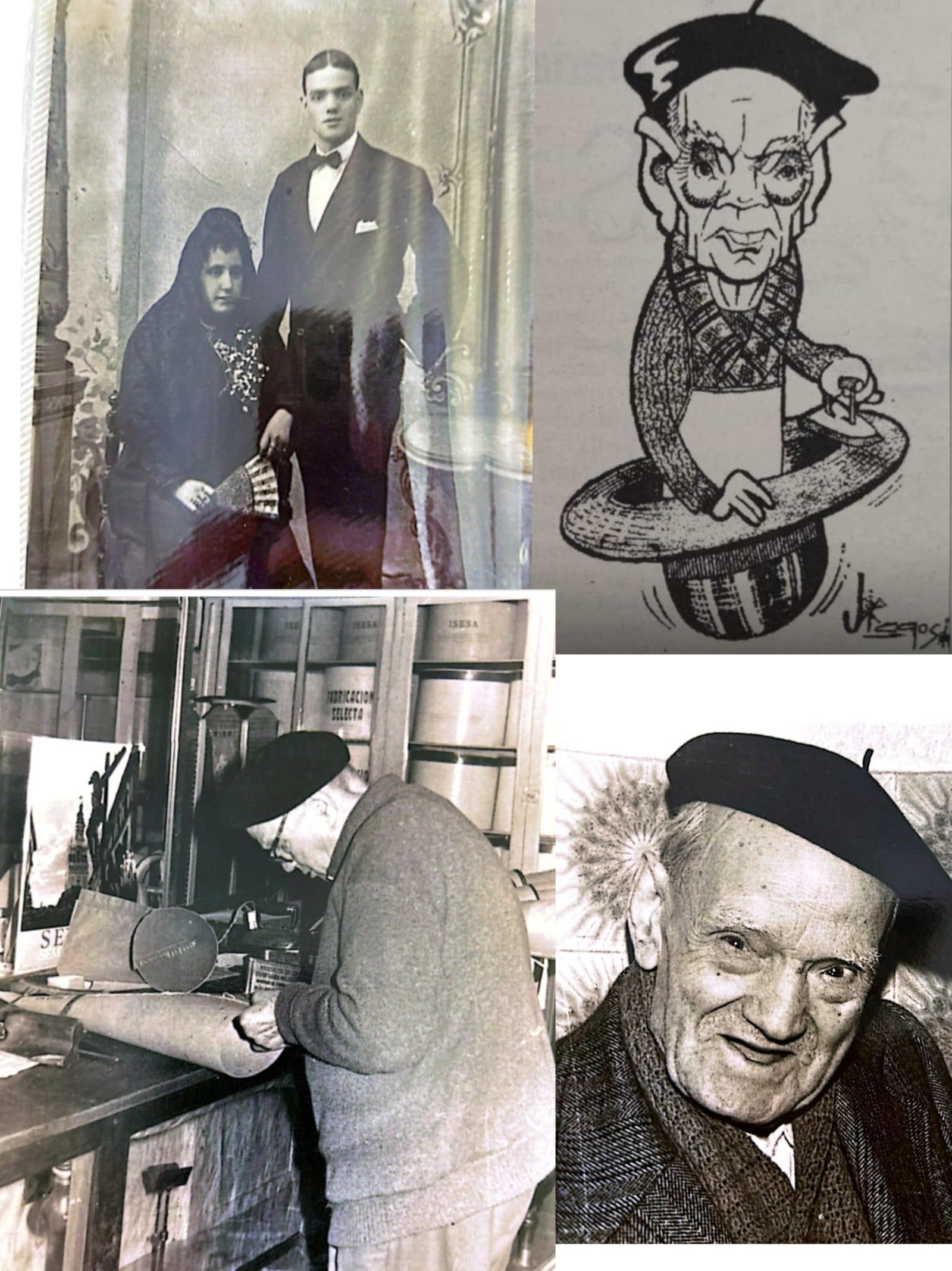 Jacinto Cámara, junto a su esposa, en la sombrerería, al lado su caricatura realizada por el gran maestro Vica.