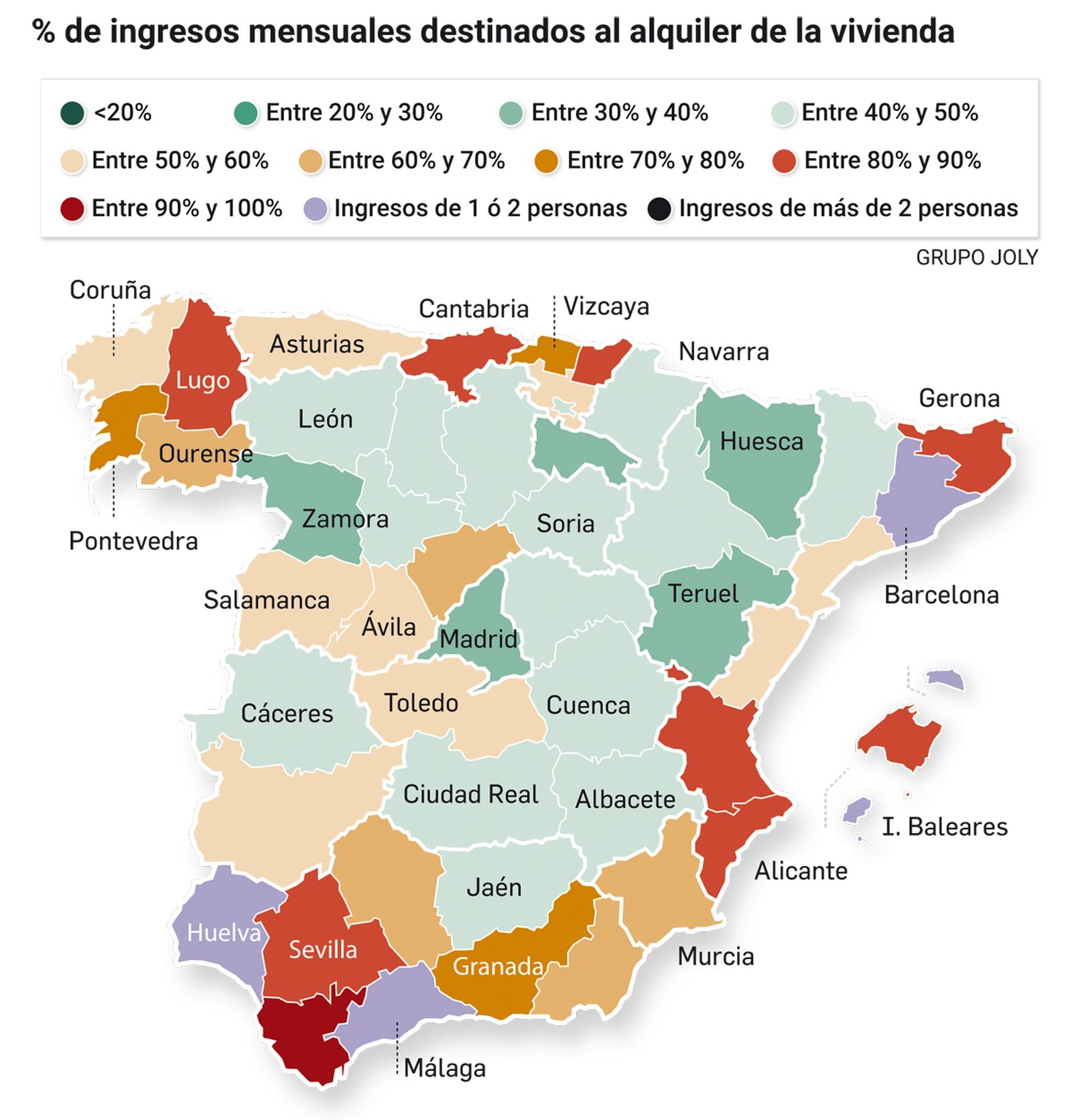 Ingresos mensuales necesario para alquilar una vivienda de 100 m² en España (Fuente: ESPON)