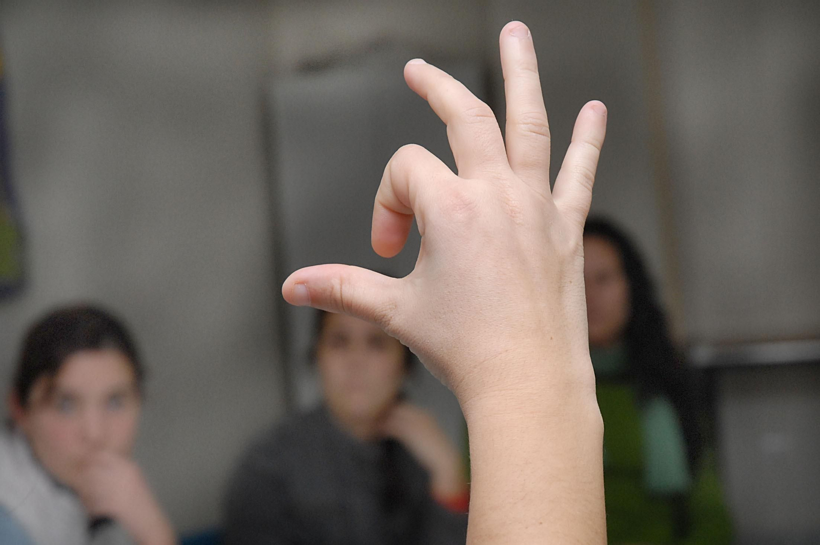 Una intérprete signa a un grupo de alumnas.