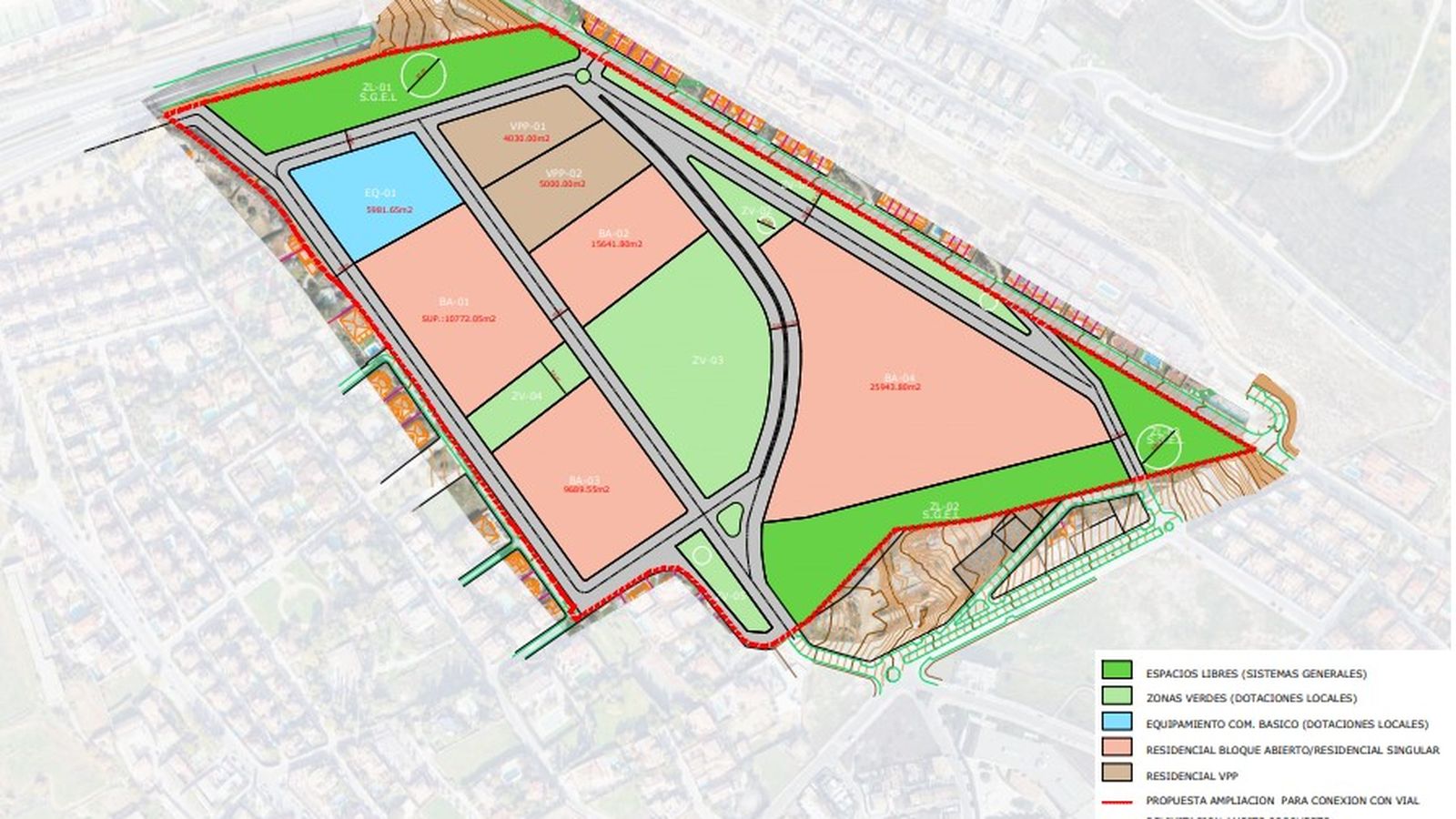 Plano con zonas de edificación y espacios libres.