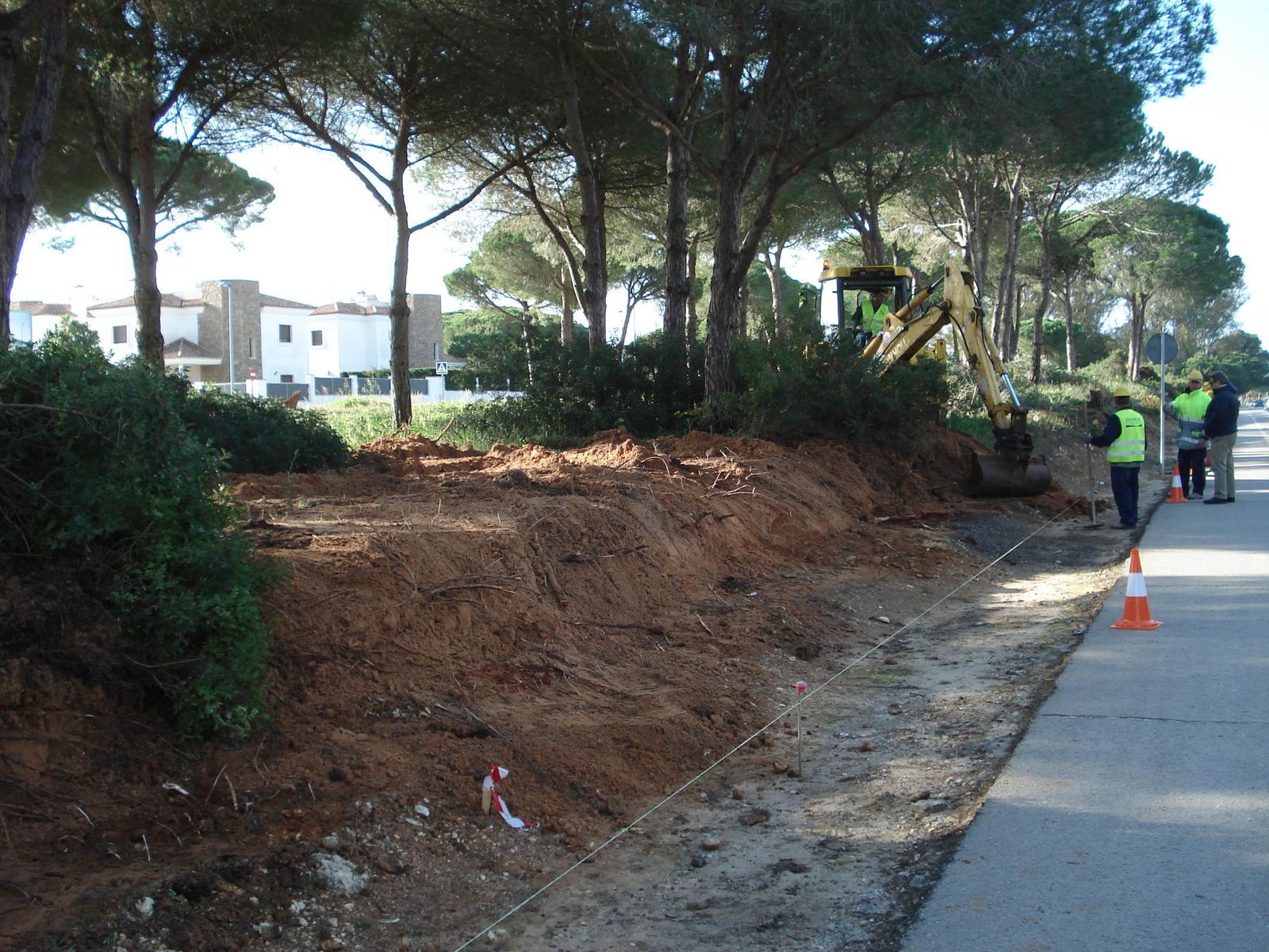 Una excavadora en uno de los márgenes de la carretera que conduce a La Barrosa, donde realiza movimientos de tierra desde hace unos días.