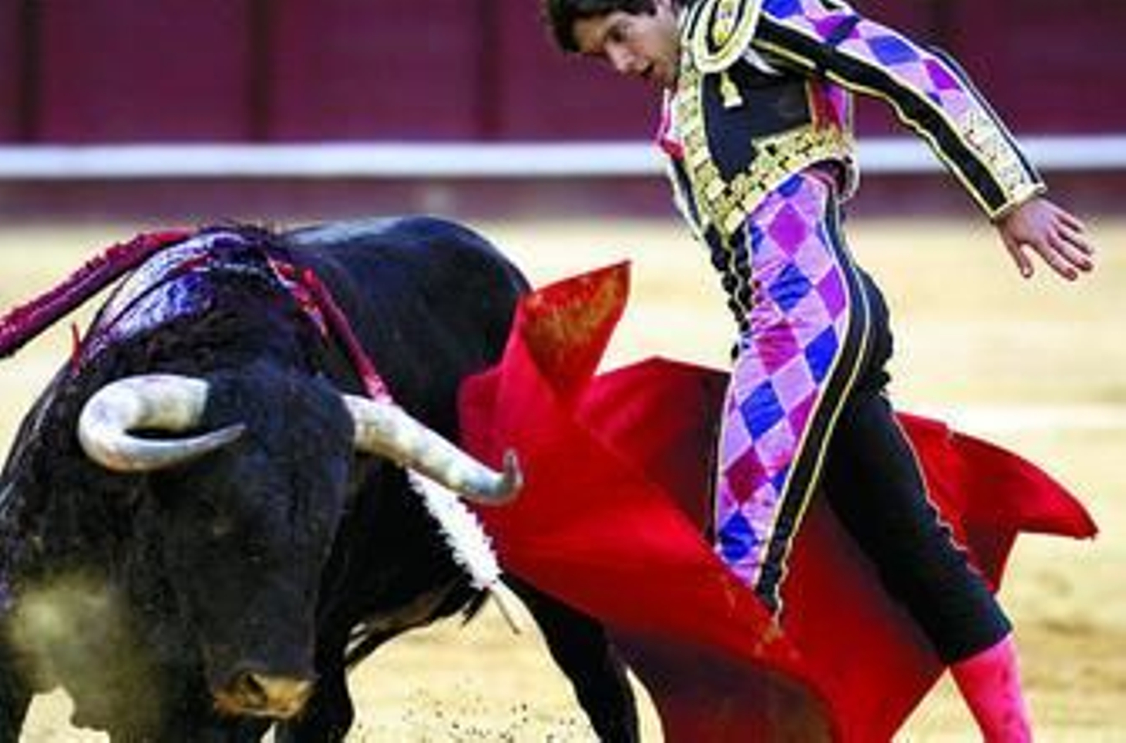 El matador de toros Sebastián Castella, que vestía un peculiar traje, en un muletazo.