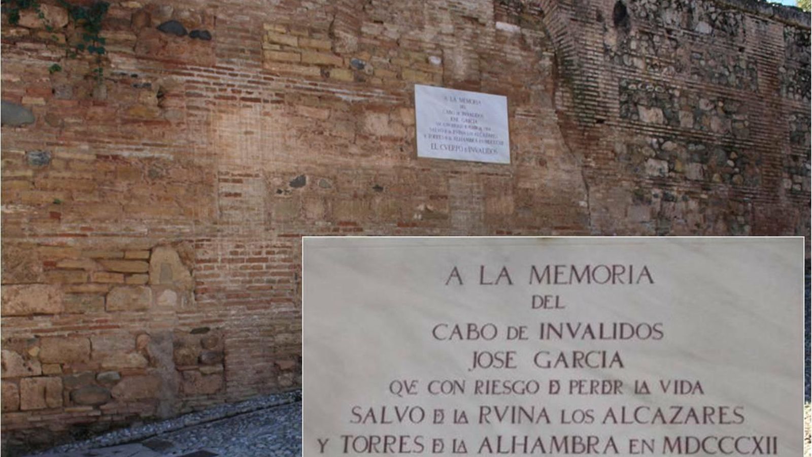 Muro de la Alcazaba con la placa en homenaje a José García.