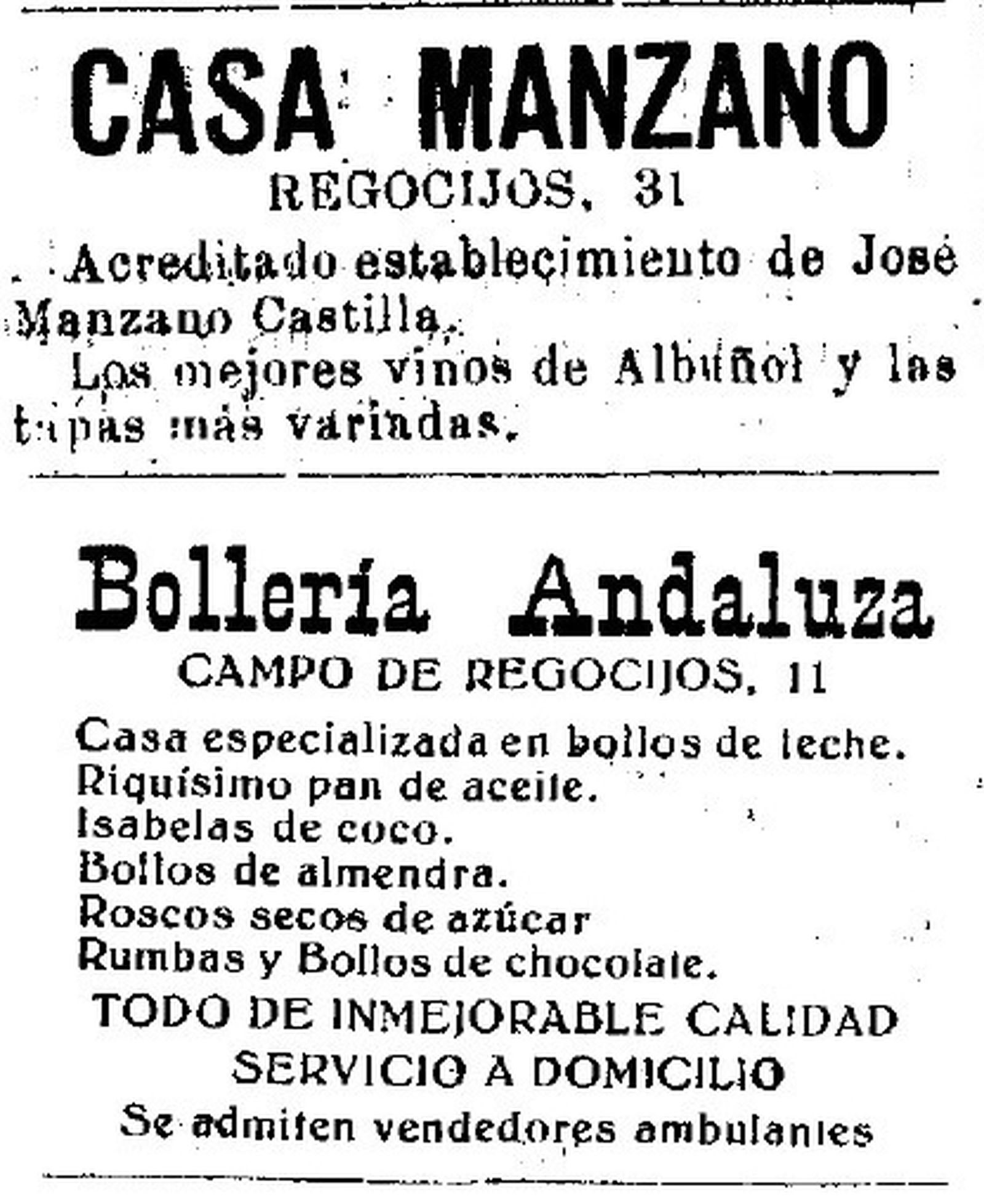 Anuncios de Casa Manzano y de Bollería Andaluza en 1931