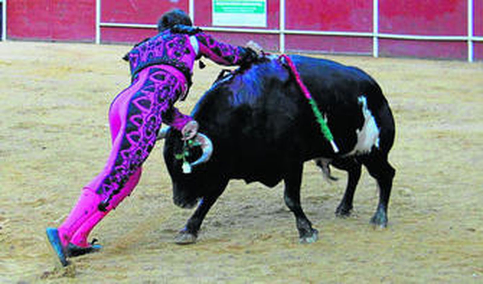 El Arqueño, dejando una gran estocada en el quinto toro, al que entró a matar sin muleta, con una rosa blanca.