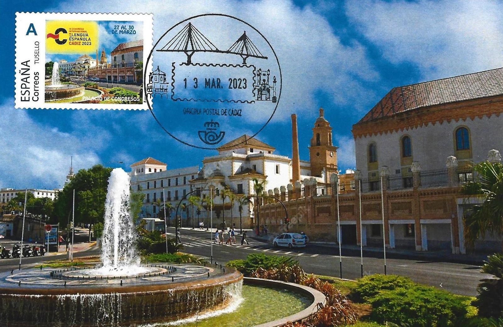 Tarjeta y sello de Correos conmemorativos del Congreso de la Lengua en Cádiz.