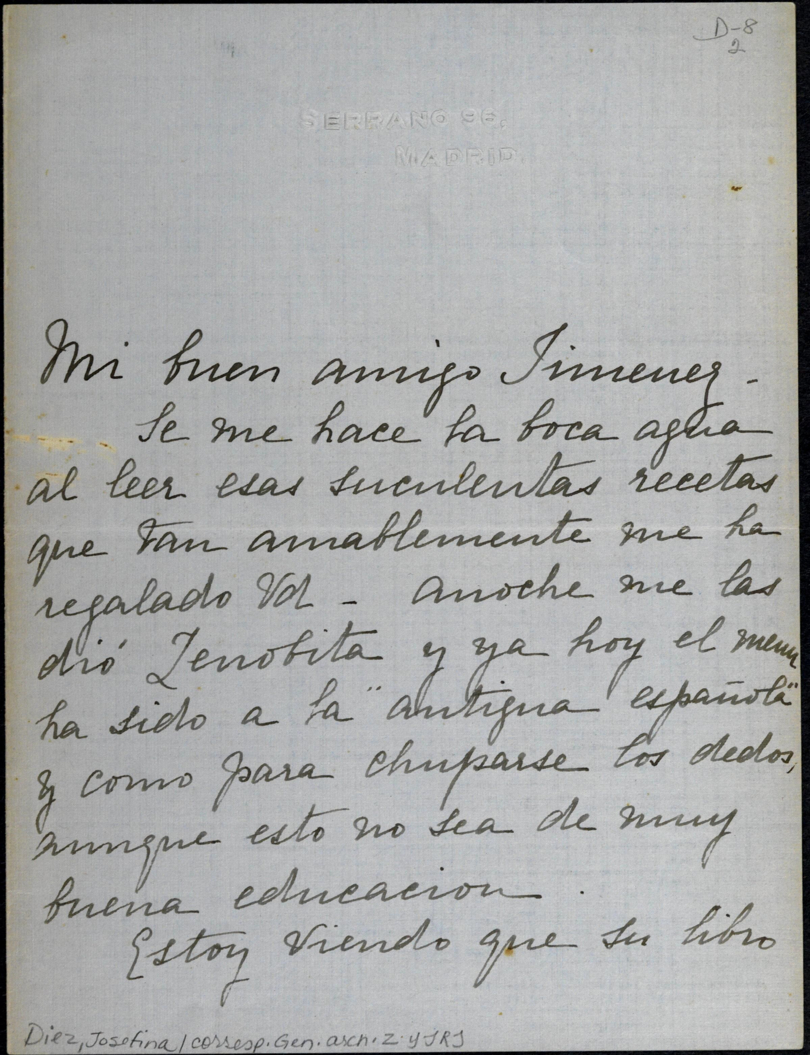 De Josefina Díez Lassaletta a Juan Ramón, el 20-8-1913.