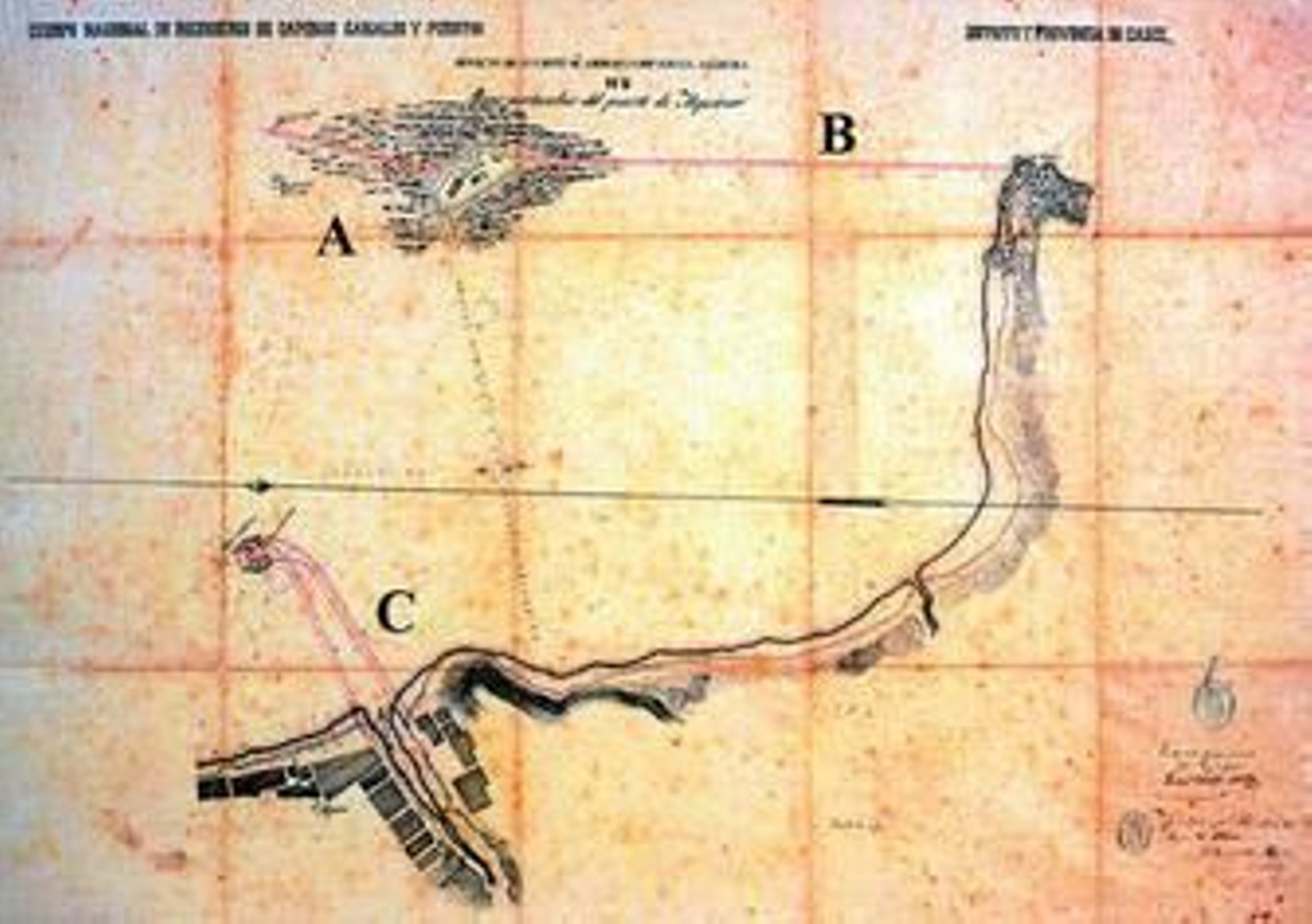 Plano incluido en el proyecto de 1859. A: Isla Verde. B: Rompeolas de escollera. C: Muelle con dos posibles trayectorias. Plano incluido en el proyecto de 1859. A: Isla Verde. B: Rompeolas de escollera. C: Muelle con dos posibles trayectorias.
