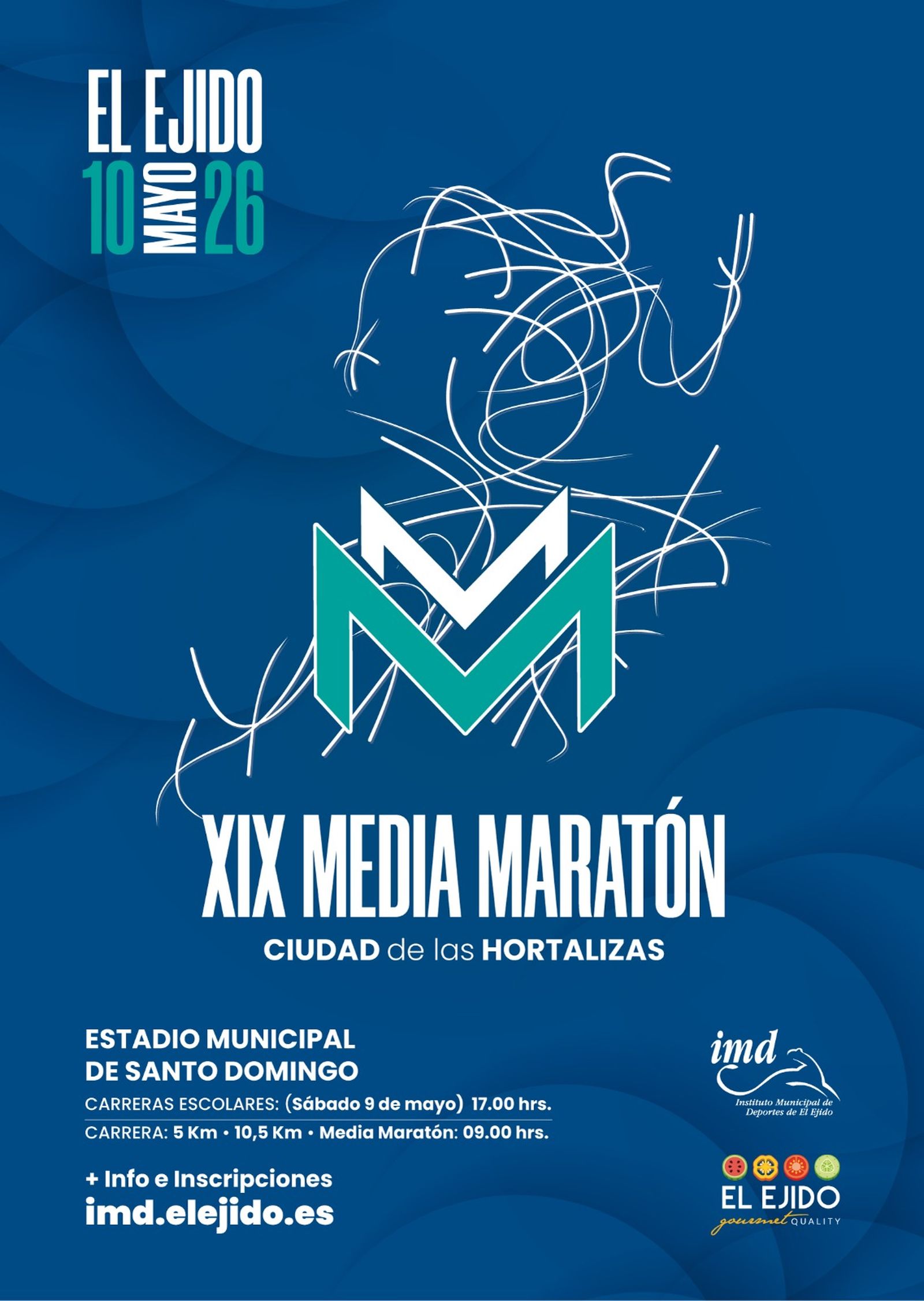 Cartel de la XIX Media Maratón Ciudad de las Hortalizas que se celebrará en el mes de mayo.