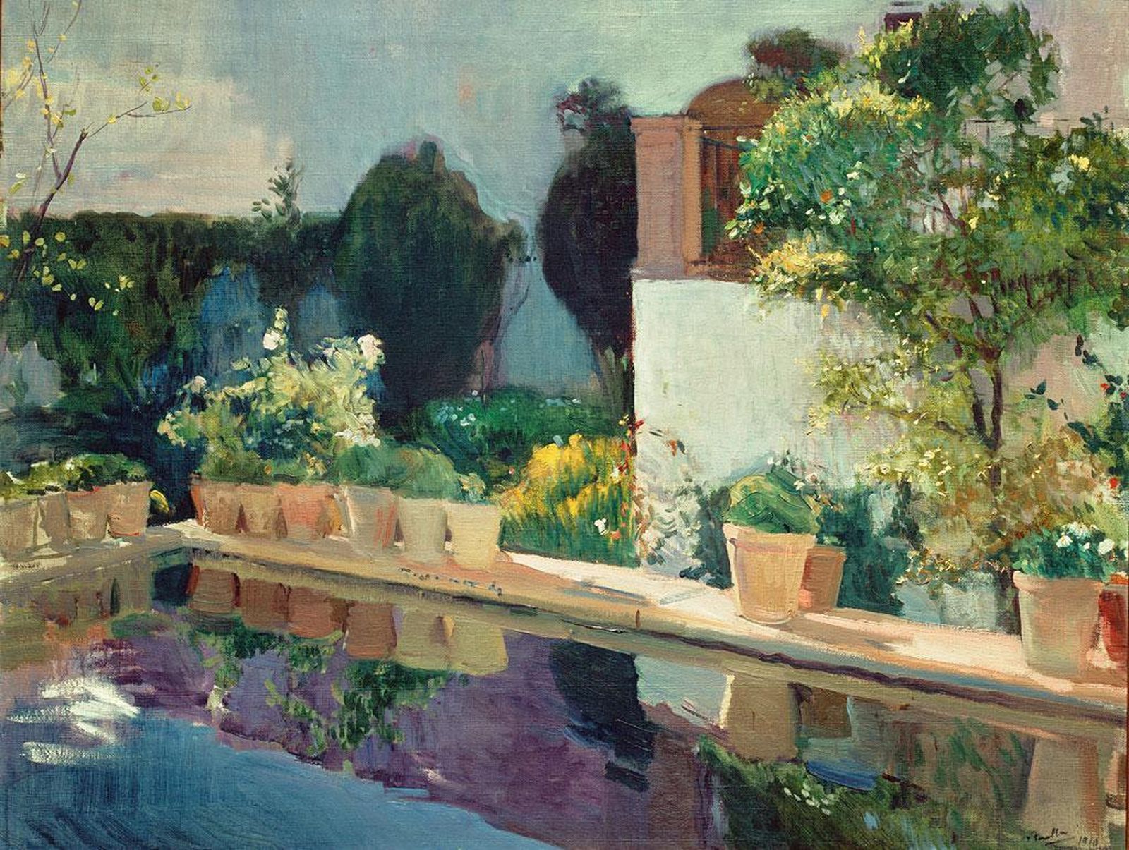 1. 'La alberca', lienzo del Museo Sorolla de Madrid que el pintor dedicó a los jardines del Alcázar de Sevilla. 2. Obra incluida en 'Andalucía en el imaginario de Fortuny'. 3. 'La matanza de los Abencerrajes' de Fortuny se verá en Caixafórum Sevilla a partir del 19 de septiembre. 4. Elisa Durán y Moisés Roiz al presentar la programación.