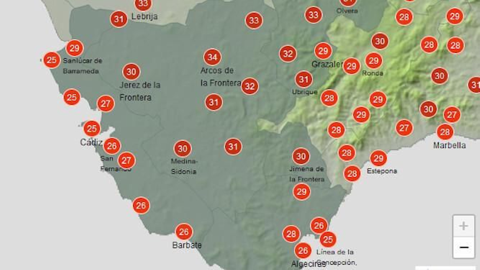 Máximas previstas en Cádiz este martes.