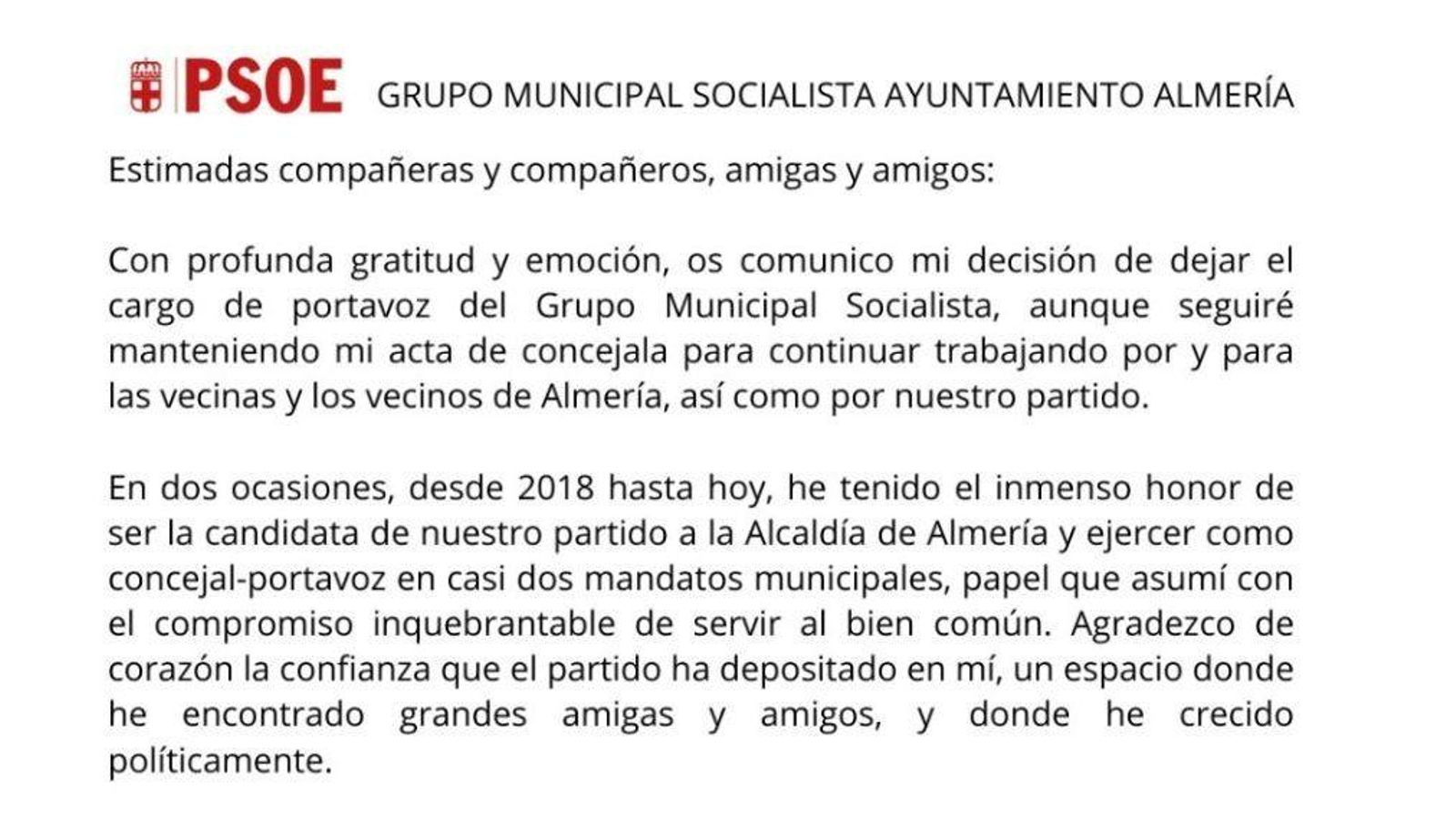 La carta de despedida de Adriana Valverde como portavoz socialista en el Ayuntamiento de Almería