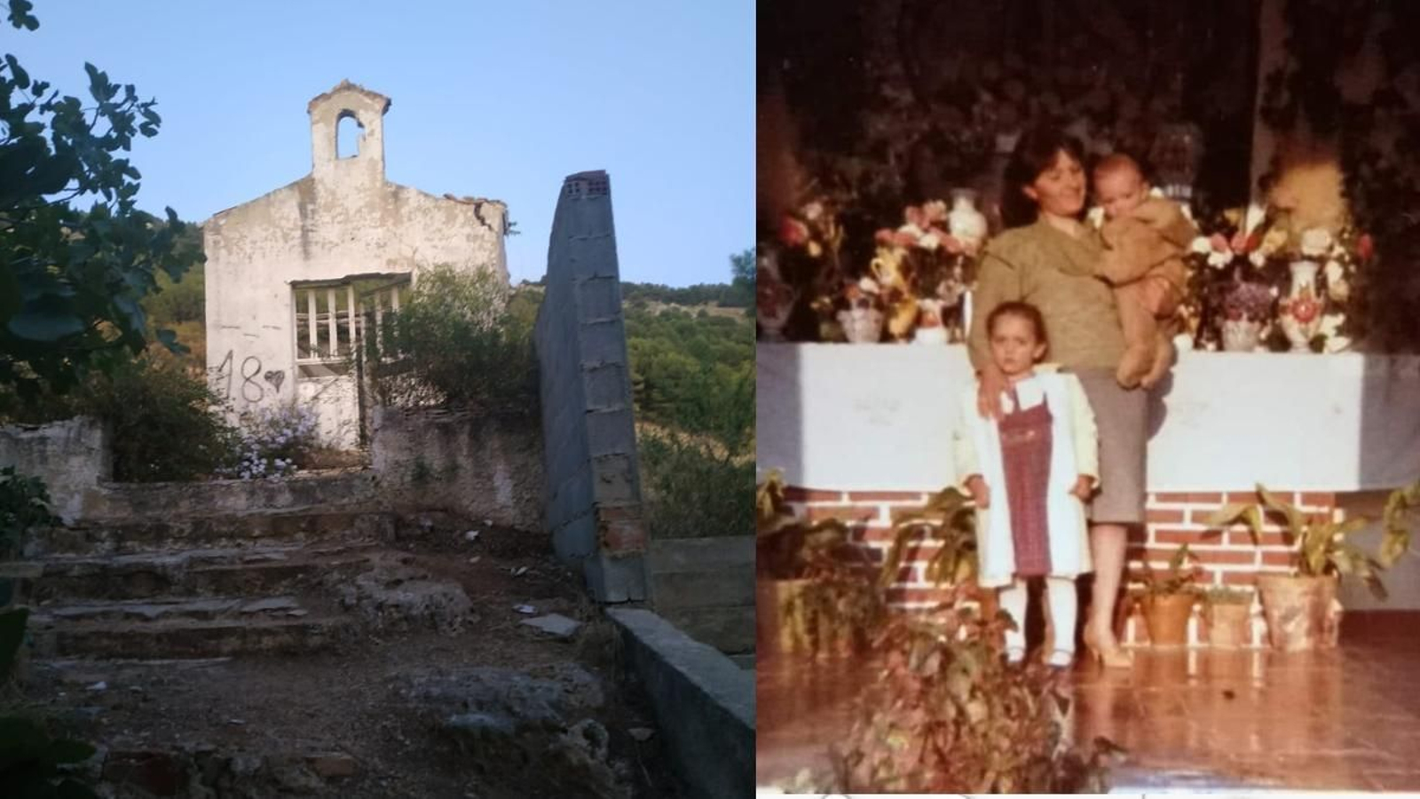 Ermita en su estado actual e imagen antigua de la ermita por dentro.