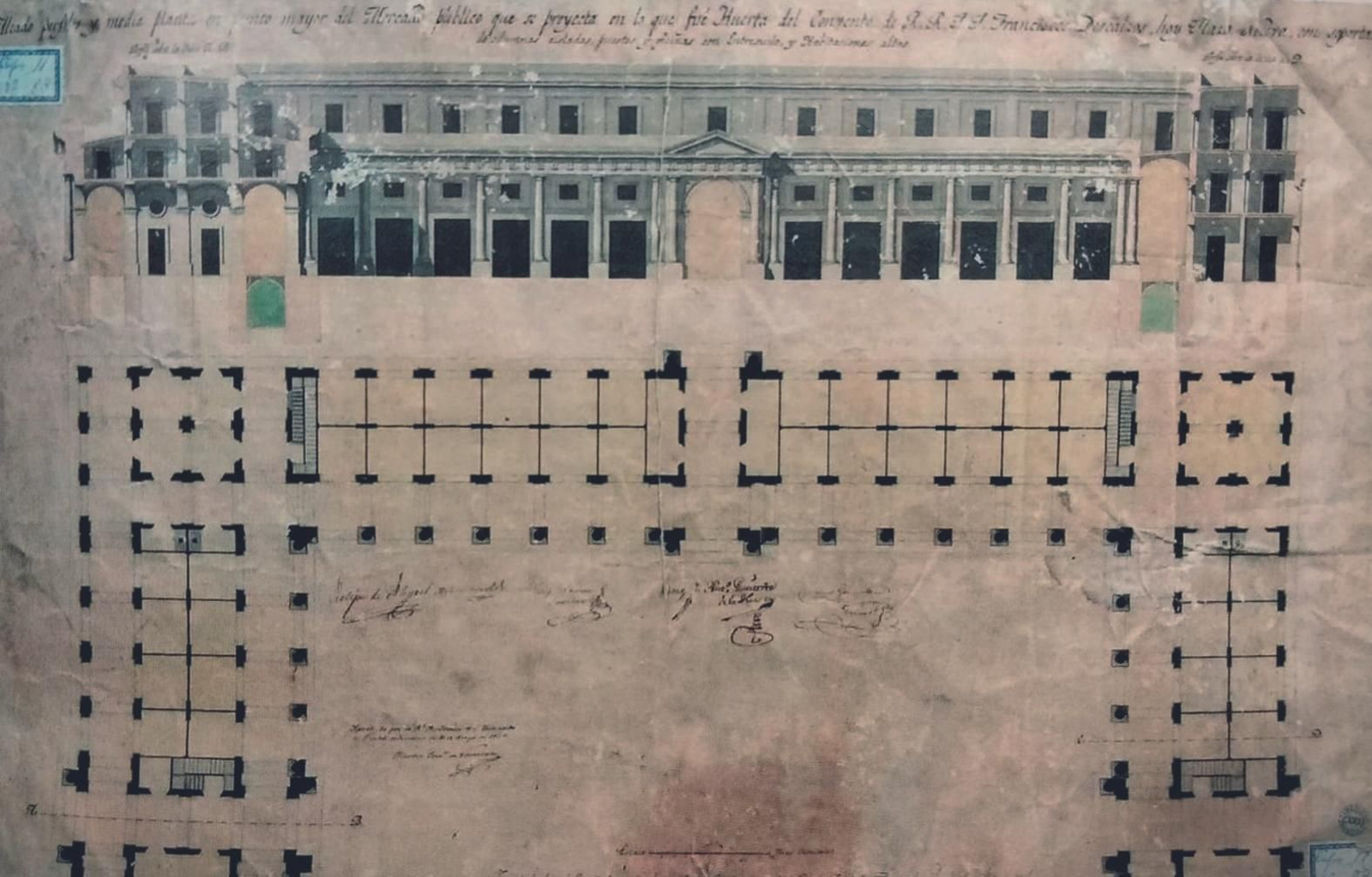 Proyecto de Torcuato Benjumeda del mercado de abastos con dos plantas, columnas y soportales.
