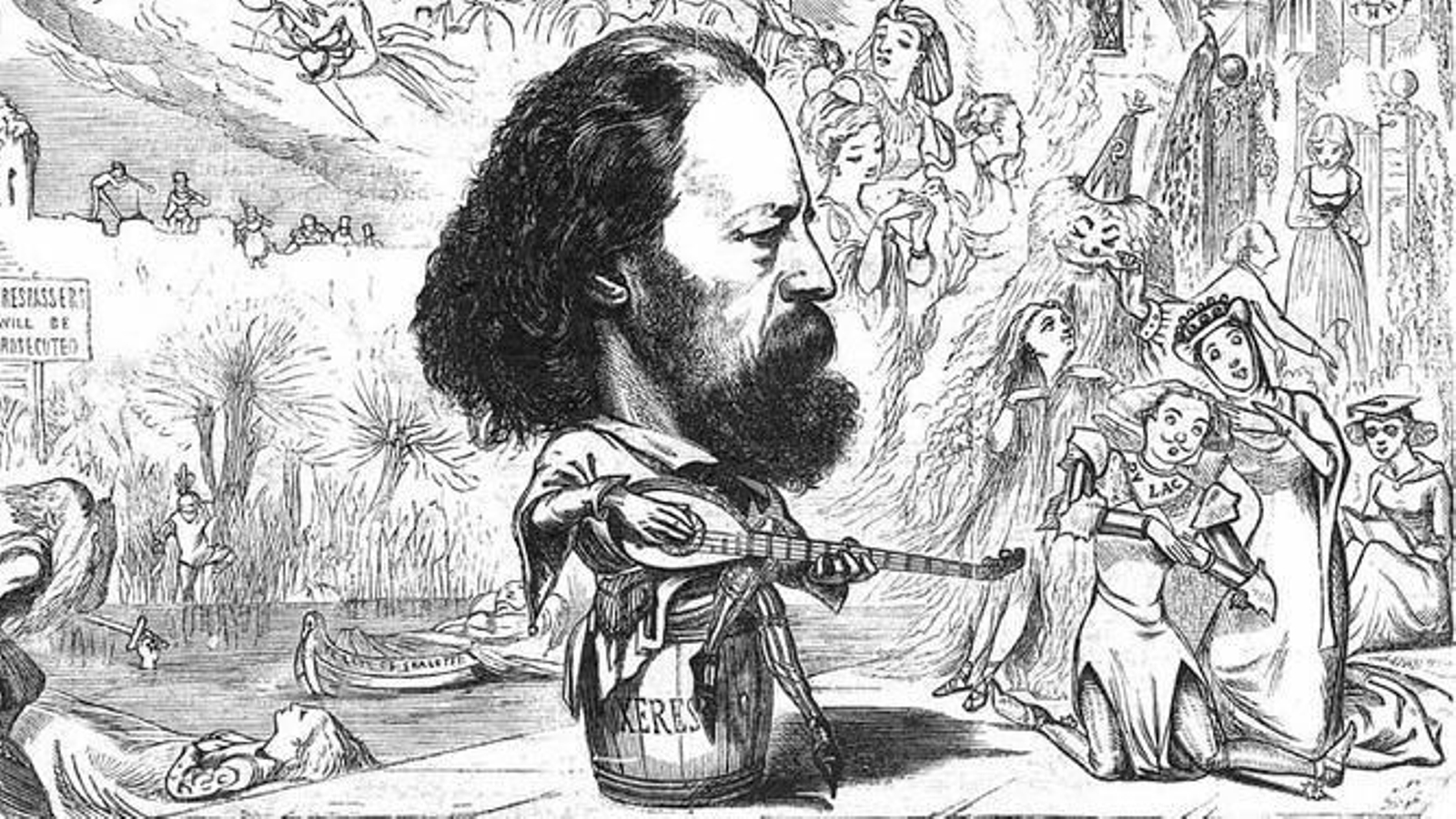 Ilustración de Alfred Tennyson sentado sobre una bota de jerez, vino que rehusó recoger. Ilustración de Alfred Tennyson sentado sobre una bota de jerez, vino que rehusó recoger.