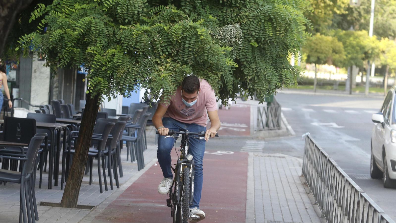 Ciclista esquiva un árbol mientras circula.