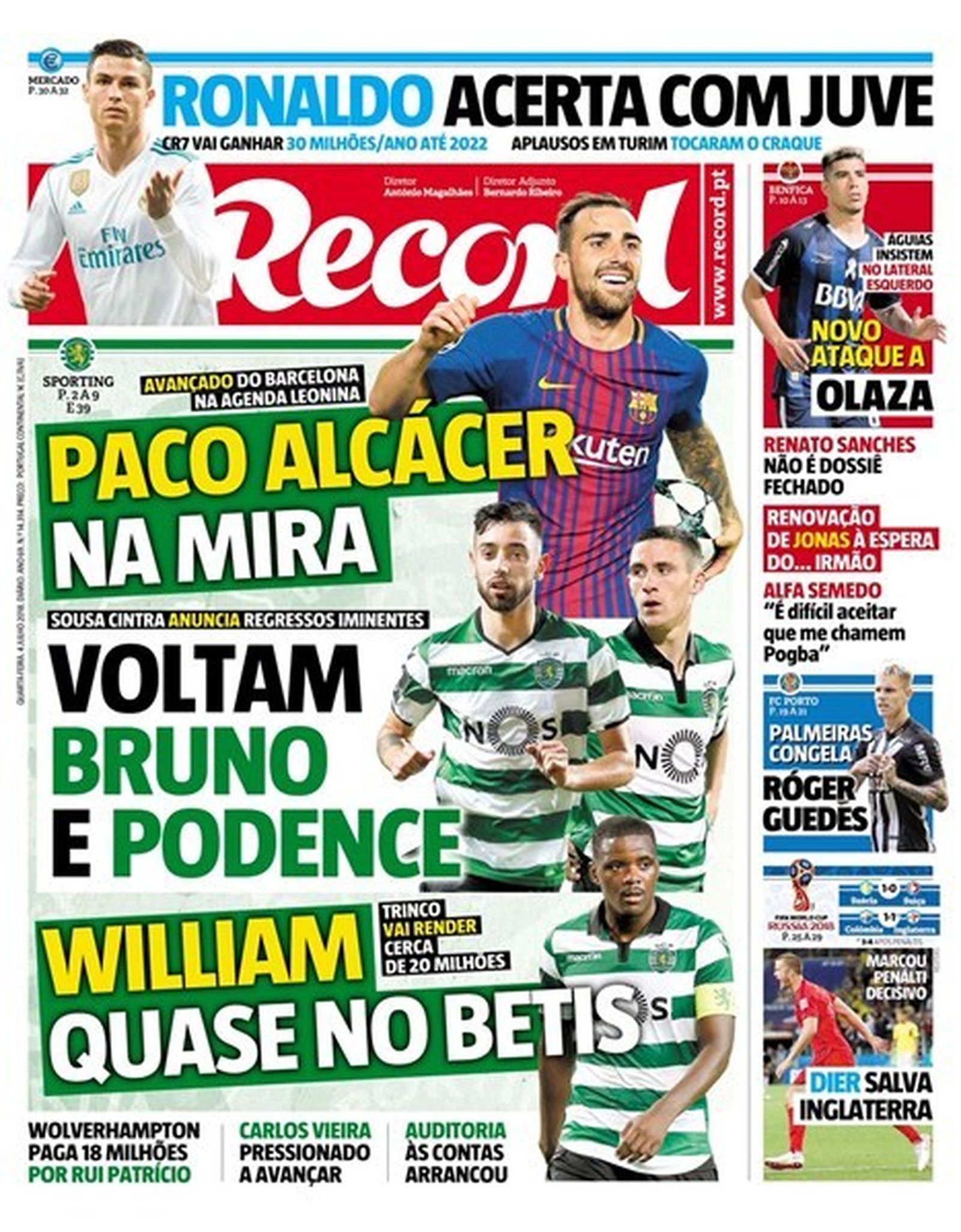 La portada de de Record con el interés del Betis en Carvalho.