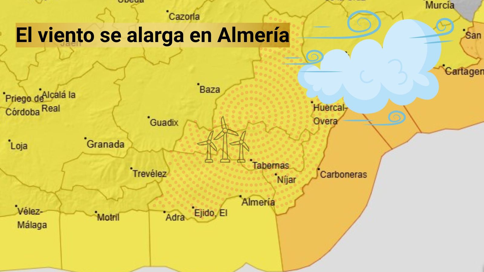 El viento seguirá marcando el tiempo en Almería, con avisos activos en el litoral y zonas del interior, donde las rachas fuertes se prolongan durante los próximos días.