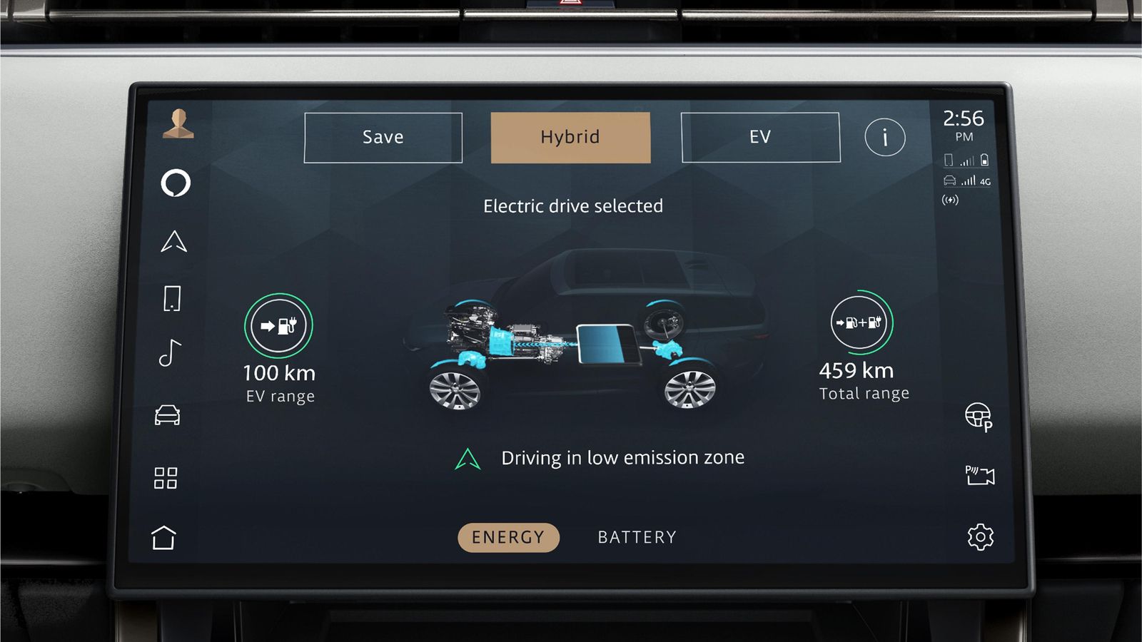 La pantalla central permite, como no podía ser de otro modo, elegir entre diferentes situaciones de funcionamiento del sistema híbrido enchufable.