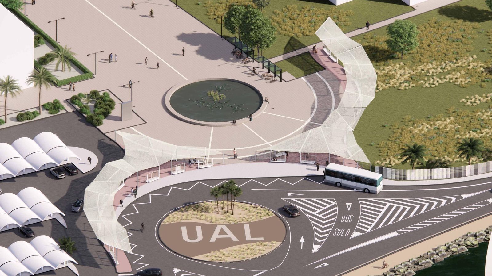 Recreación del diseño de la nueva parada sur de autobuses del campus según el proyecto de Estudios Ferrer Arquitectos.