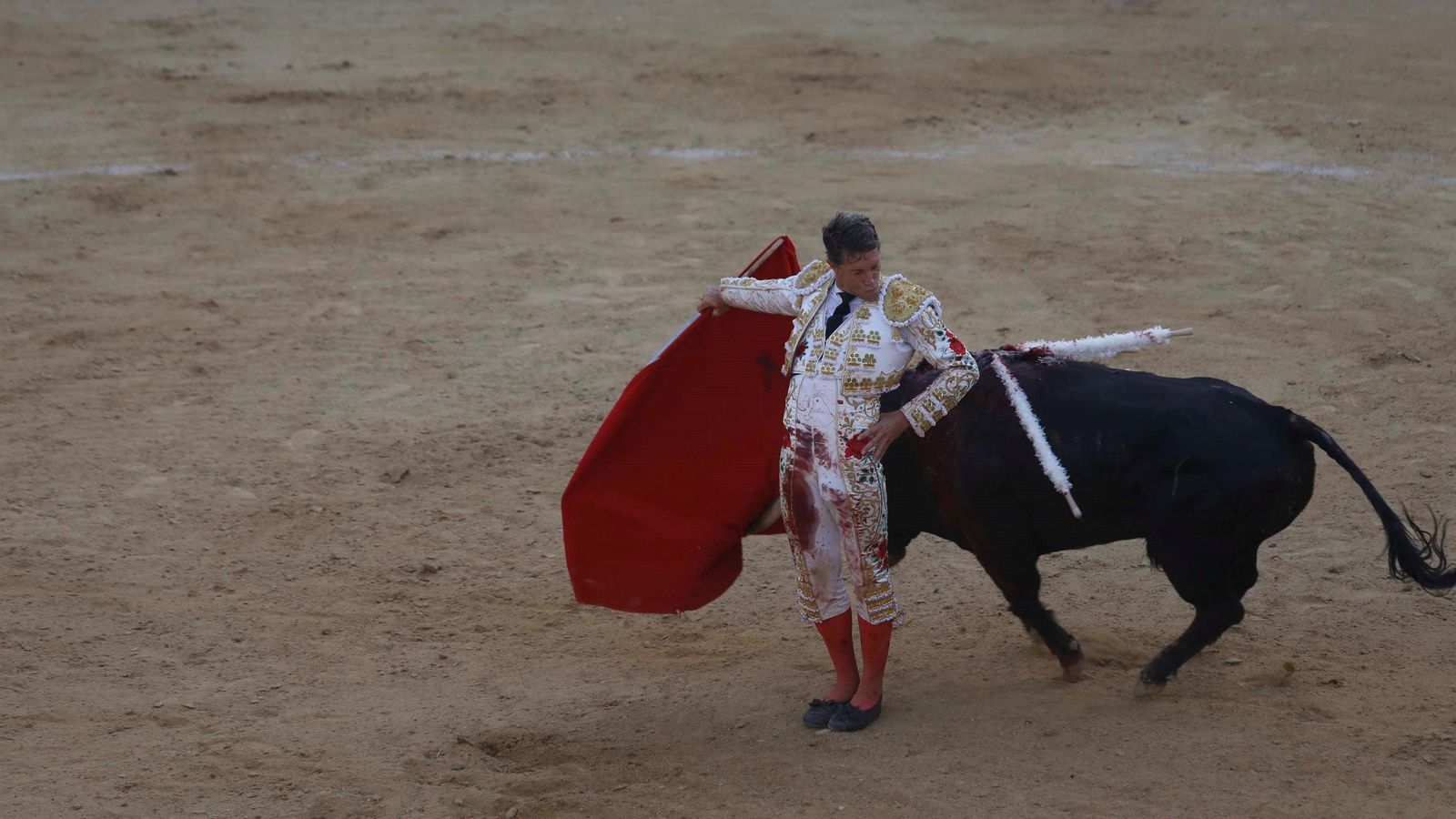 Manuel Escribano recibe a uno de los toros de espalda con la muleta.