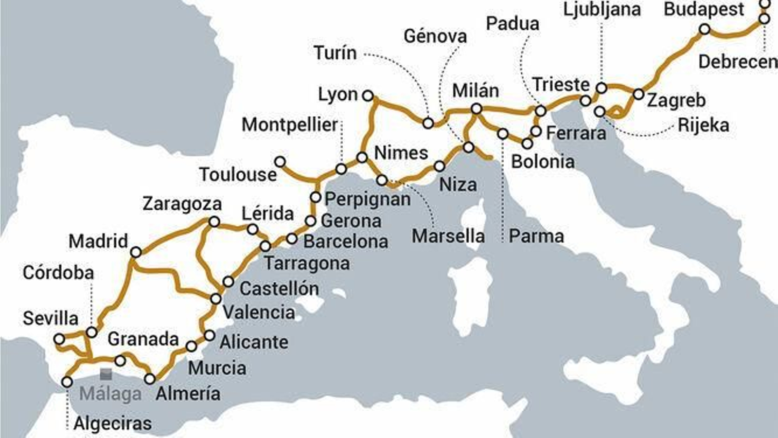 Trazado del Corredor Mediterráneo europeo que no incluye a Huelva.