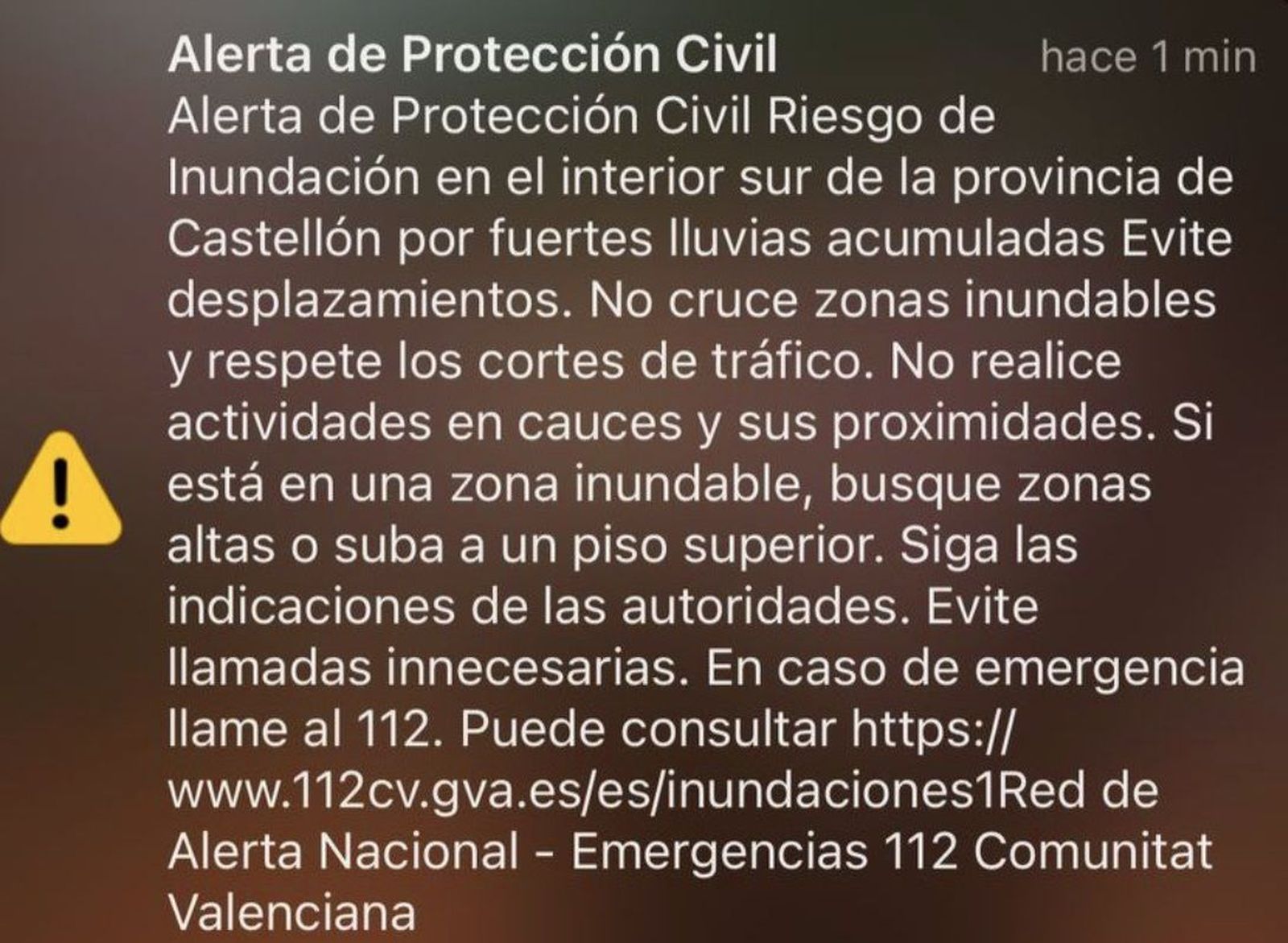 Mensaje de alerta enviado a los vecinos de las zonas afectadas por la alerta roja en Castellón.