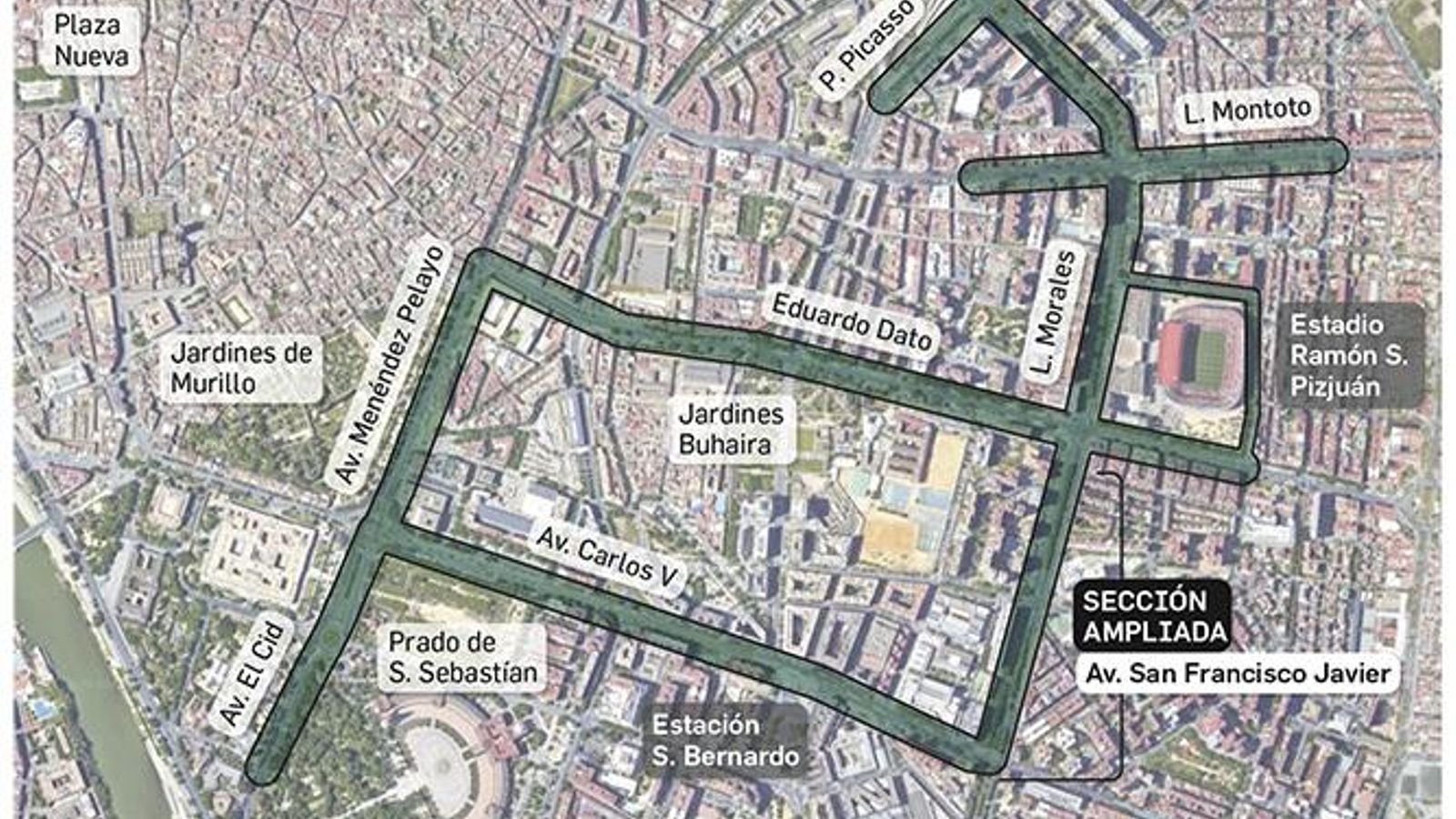 Propuesta de corredores verdes proyectados junto al tranvía. Fuente: Emasesa y Ayuntamiento de Sevilla.