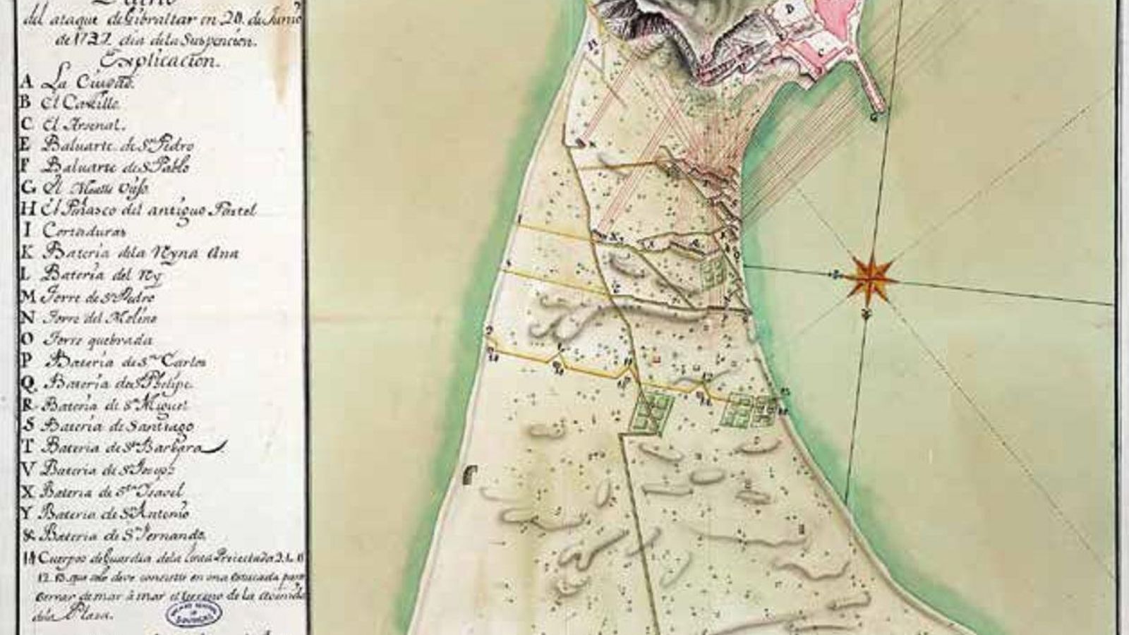 Plano del ataque de Gibraltar en 24 de Junio de 1727, día de la suspensión.
