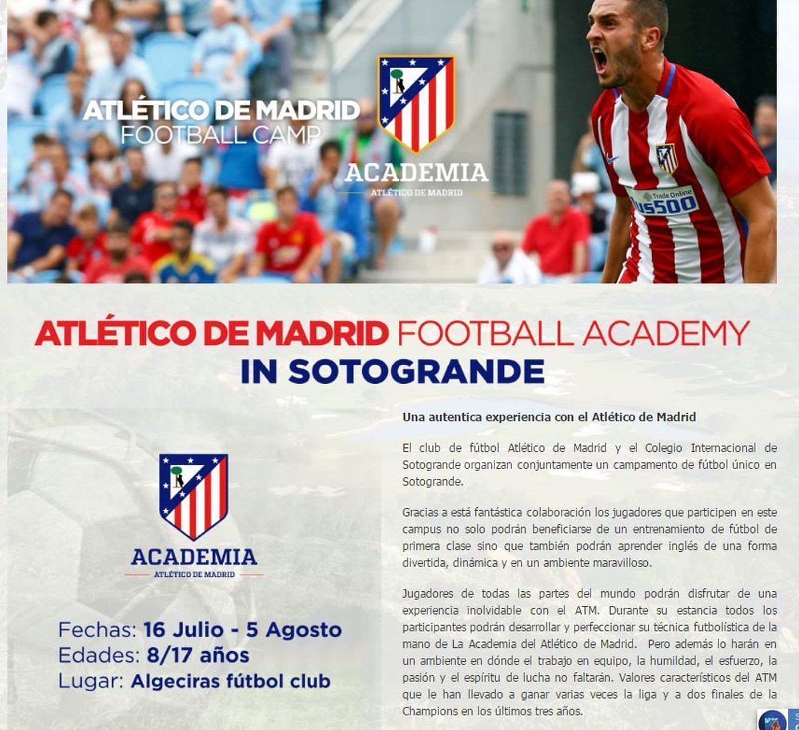 Captura de la web del Atlético de Madrid Football Camps con Algeciras CF ya presente.