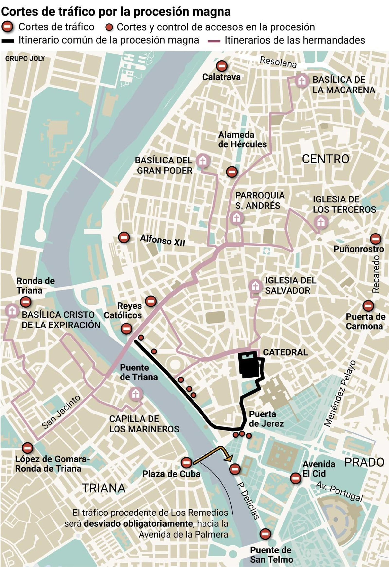 Cortes de tráfico por la procesión magna. Fuente: Ayuntamiento de Sevilla.