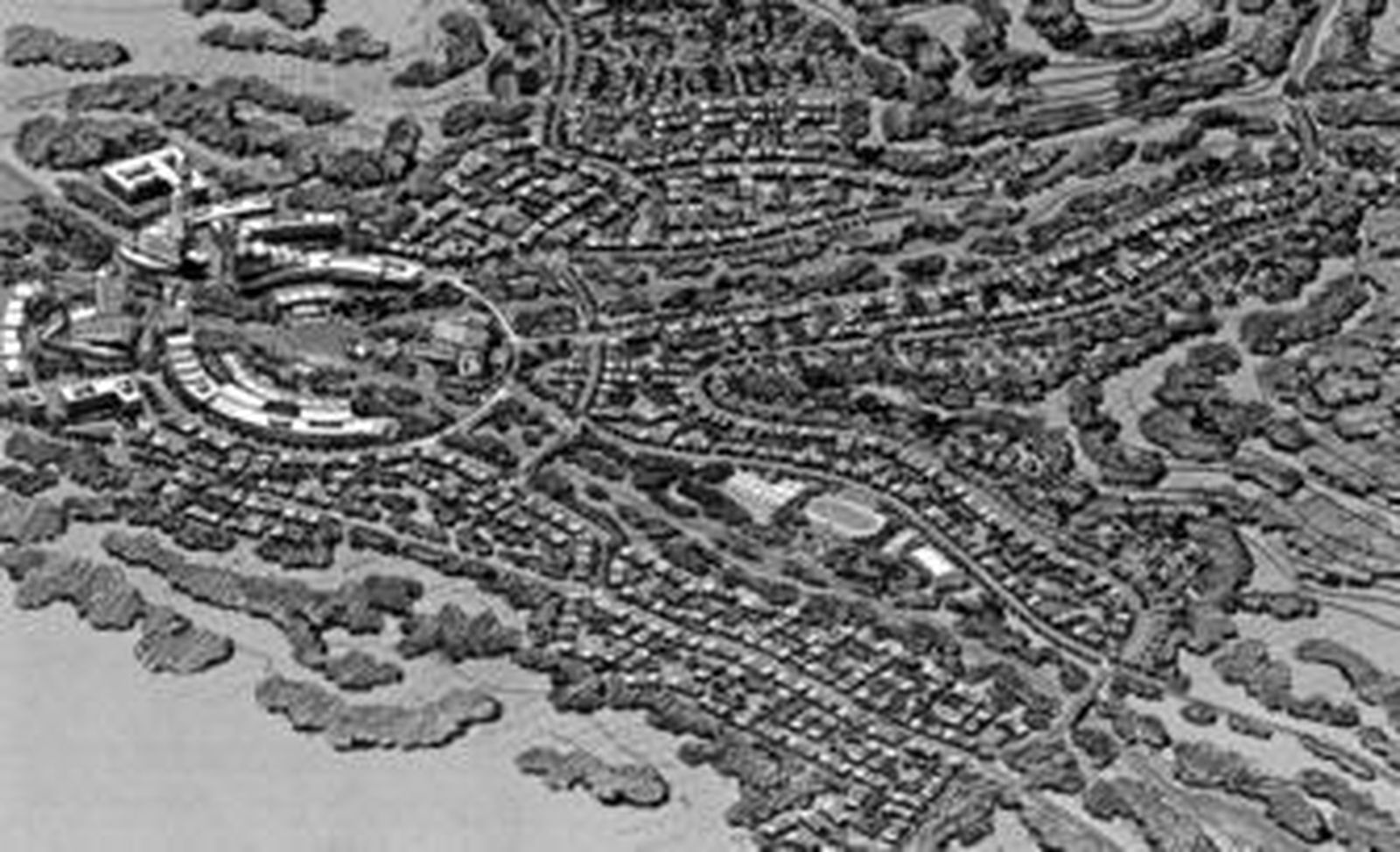 Boceto de Sociópolis. Las edificaciones circulares acogen las áreas comerciales y de servicios. Las viviendas se expanden en torno al río Campanillas y el arroyo Cupiana.